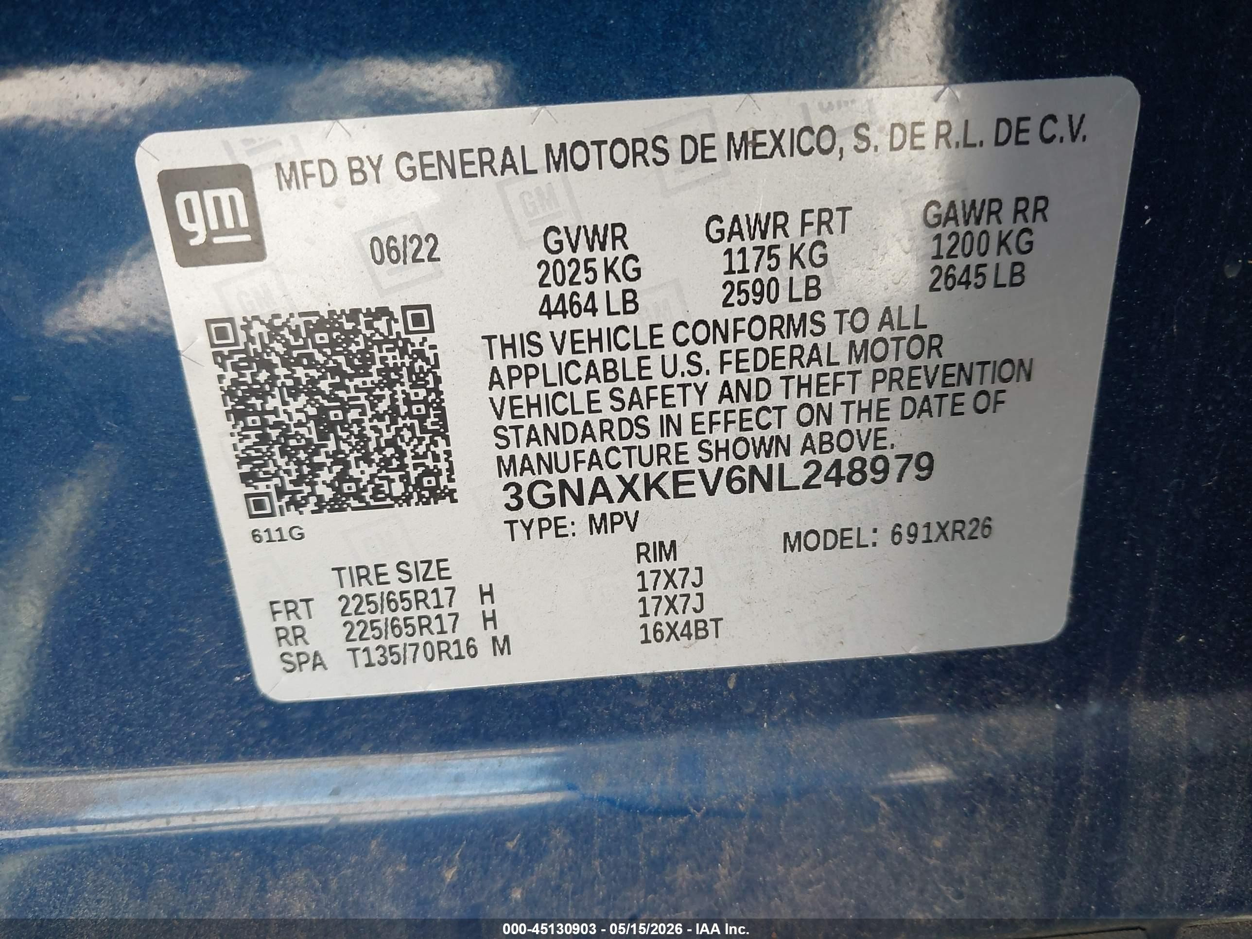 2022 Chevrolet Equinox VIN 3GNAXKEV6NL248979 IAAI salvage auction — Rear End, Salvage (Georgia), sold $4,500 on 2026-09-08 (photo 9)