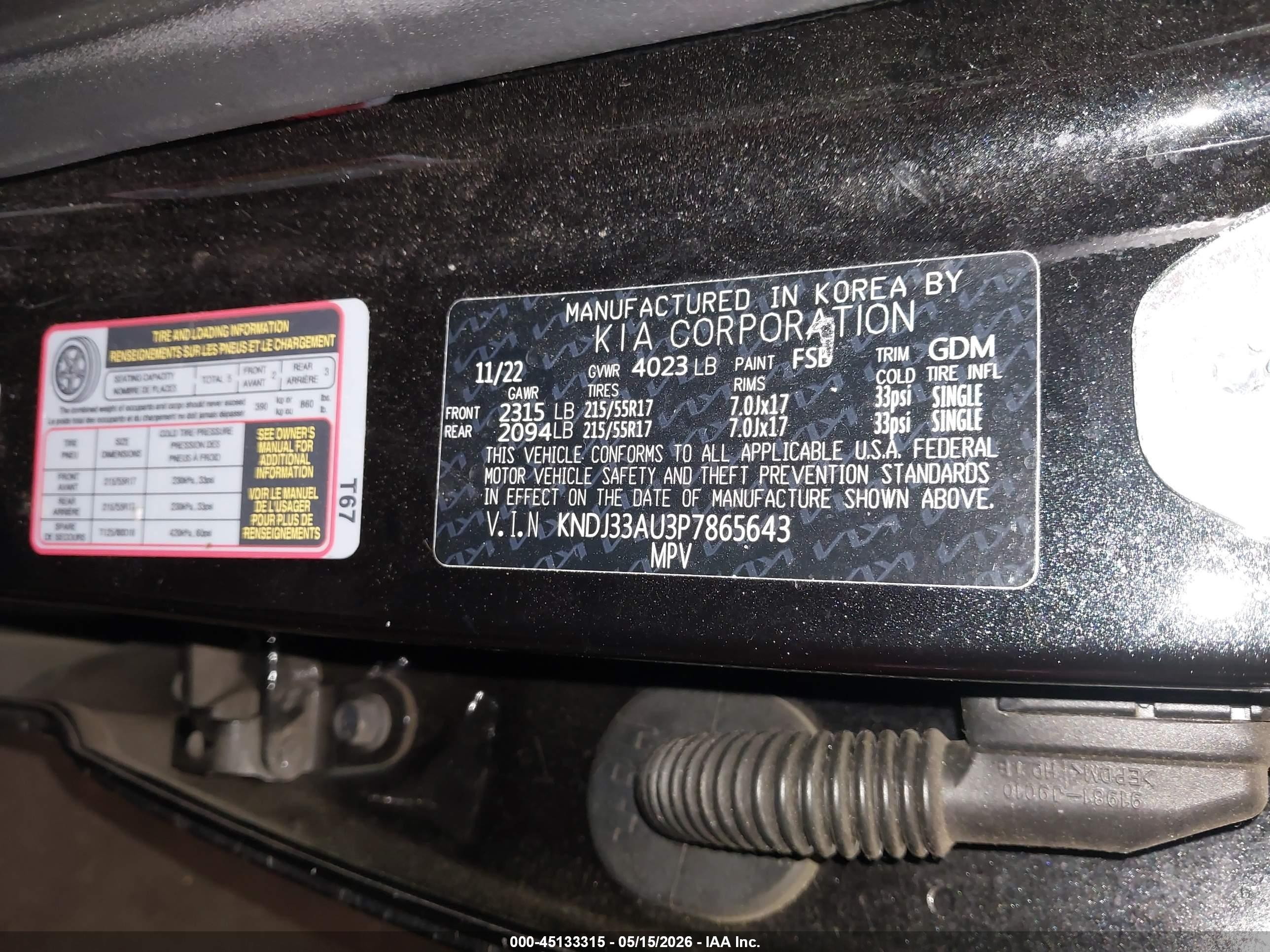 2023 Kia Soul VIN KNDJ33AU3P7865643 IAAI salvage auction — Unknown, Salvage (Oregon), sold $2,250 on 2026-07-02 (photo 9)