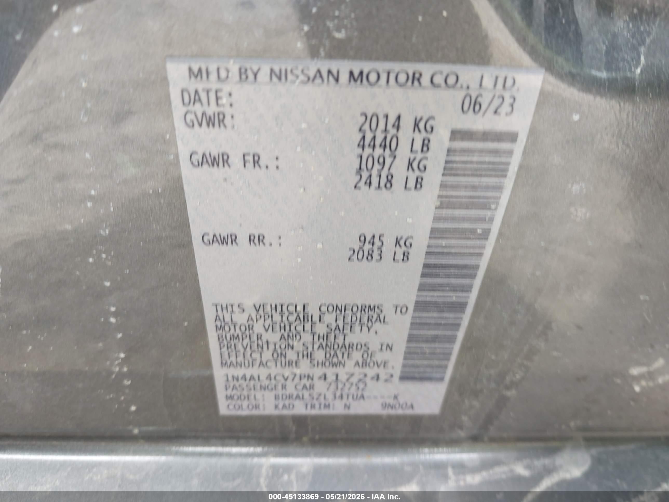 2023 Nissan Altima VIN 1N4AL4CV7PN417242 IAAI salvage auction — All Over, Salvage - Greater Than 75% (Maryland), sold $575 on 2026-09-09 (photo 9)