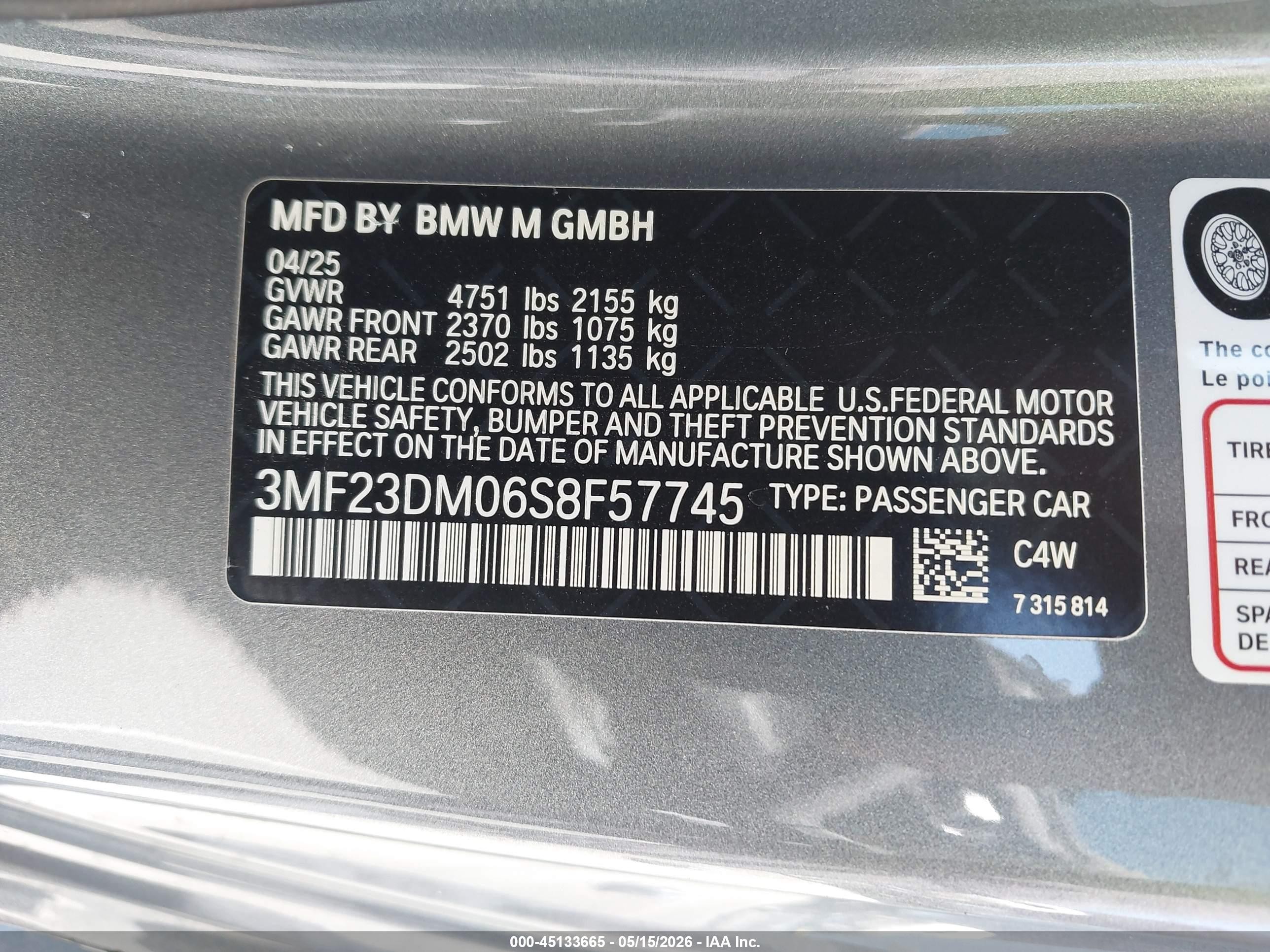 2025 BMW M2 VIN 3MF23DM06S8F57745 IAAI salvage auction — Front End, Salvage (California), sold $26,000 on 2026-08-14 (photo 9)