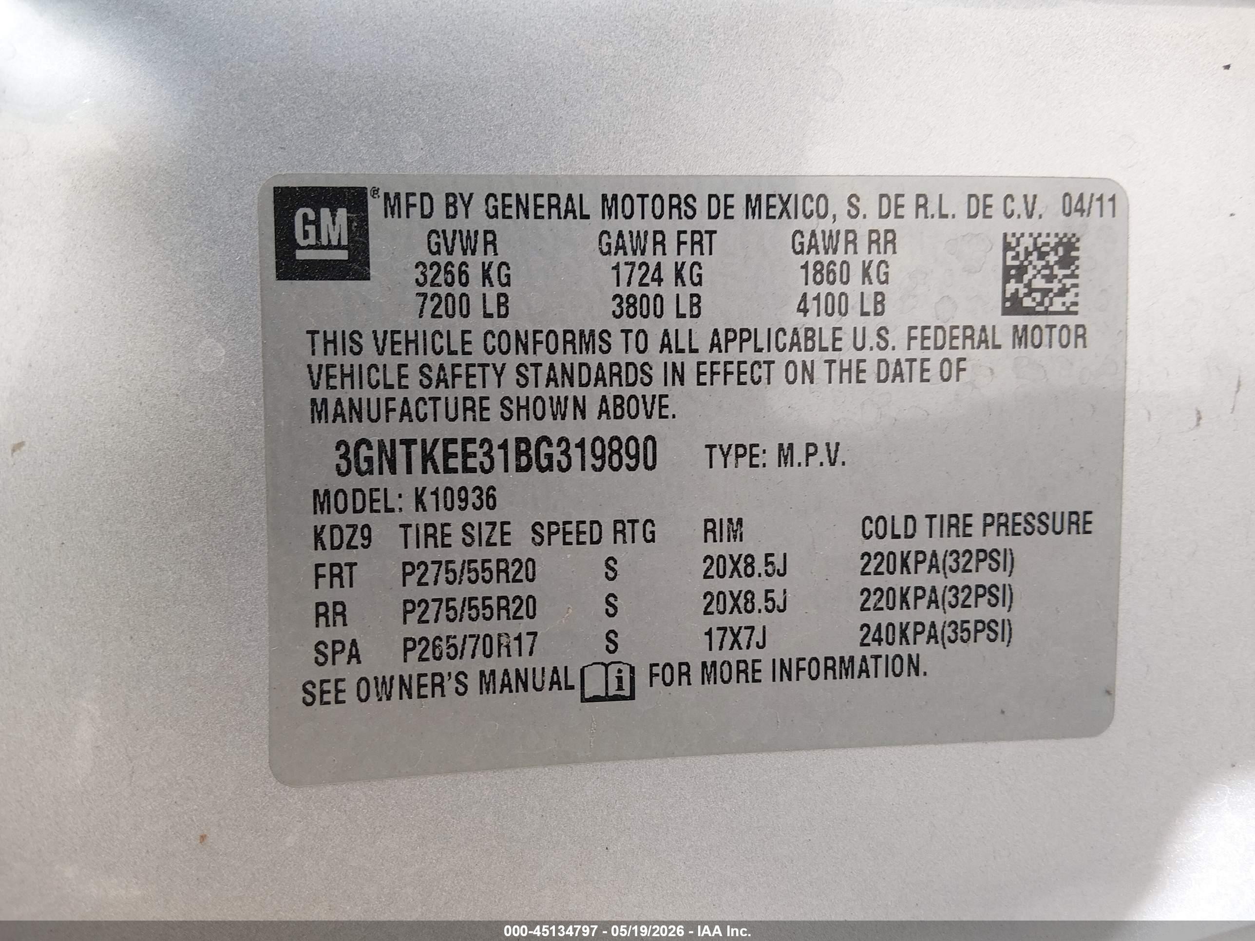 2011 Chevrolet Avalanche VIN 3GNTKEE31BG319890 IAAI salvage auction — Front End, Salvage (Utah), sold $275 on 2026-07-09 (photo 9)