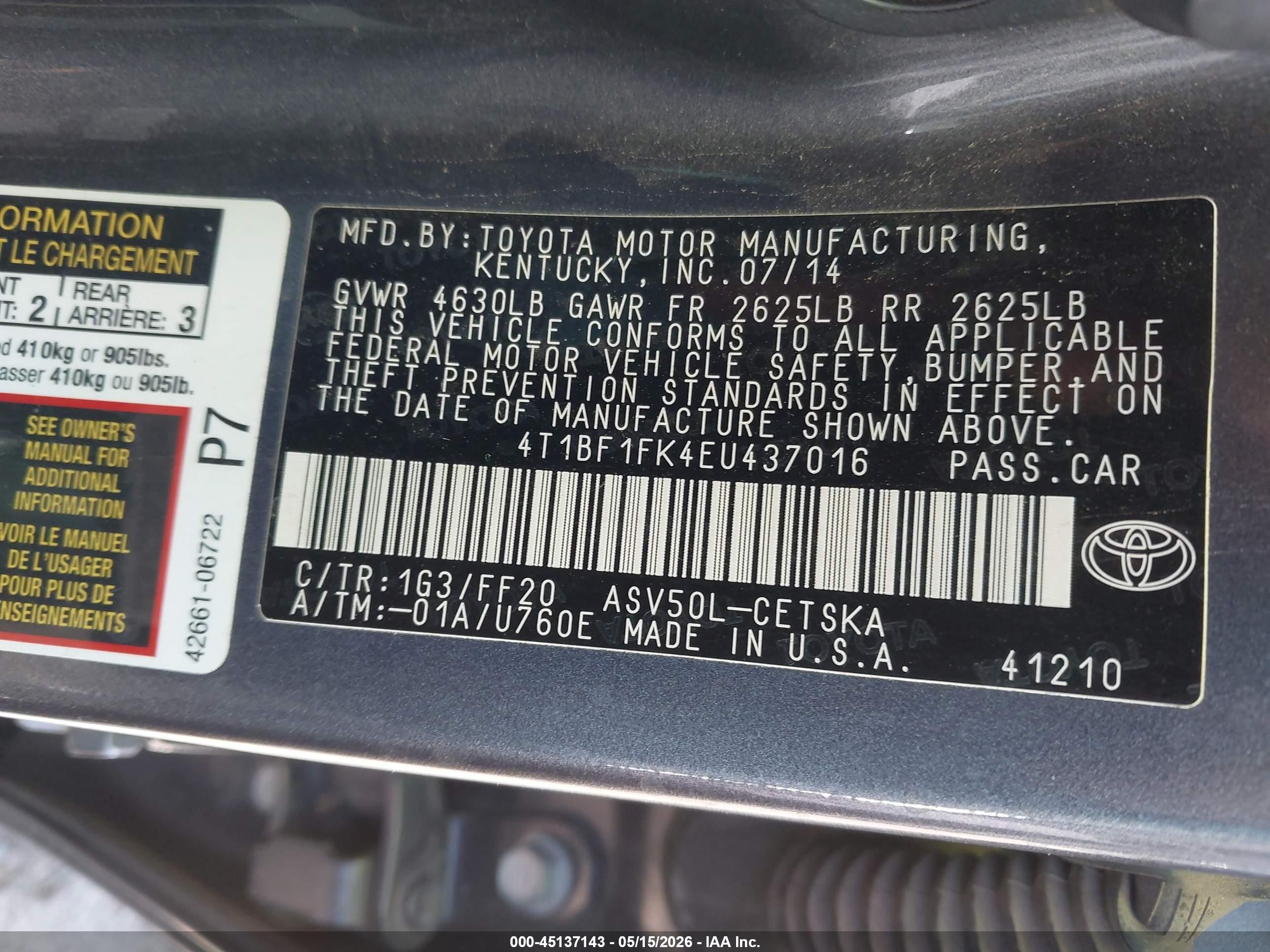 2014 Toyota Camry VIN 4T1BF1FK4EU437016 IAAI salvage auction — Unknown, Salvage (Arizona), sold $1,175 on 2026-07-09 (photo 9)