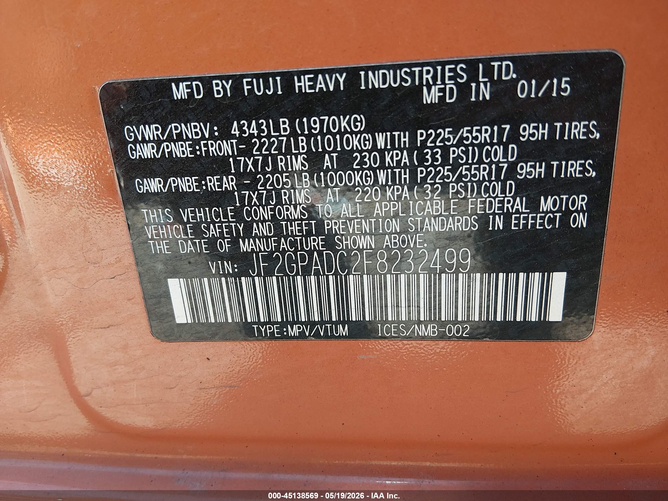 2015 Subaru XV Crosstrek VIN JF2GPADC2F8232499 IAAI salvage auction — Side, Salvage (Utah), sold $1,800 on 2026-07-09 (photo 9)