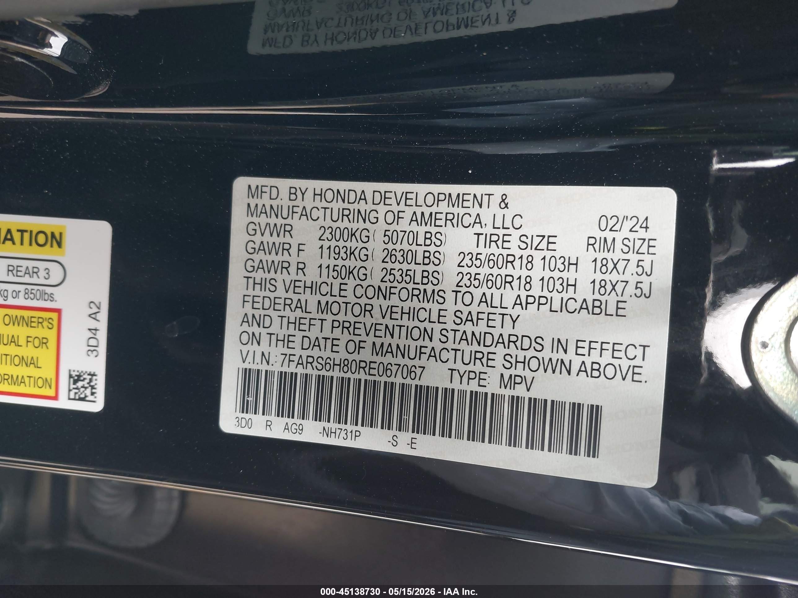 2024 Honda Cr-v VIN 7FARS6H80RE067067 IAAI salvage auction — Front End, Salvage (California), sold $10,100 on 2026-09-18 (photo 9)