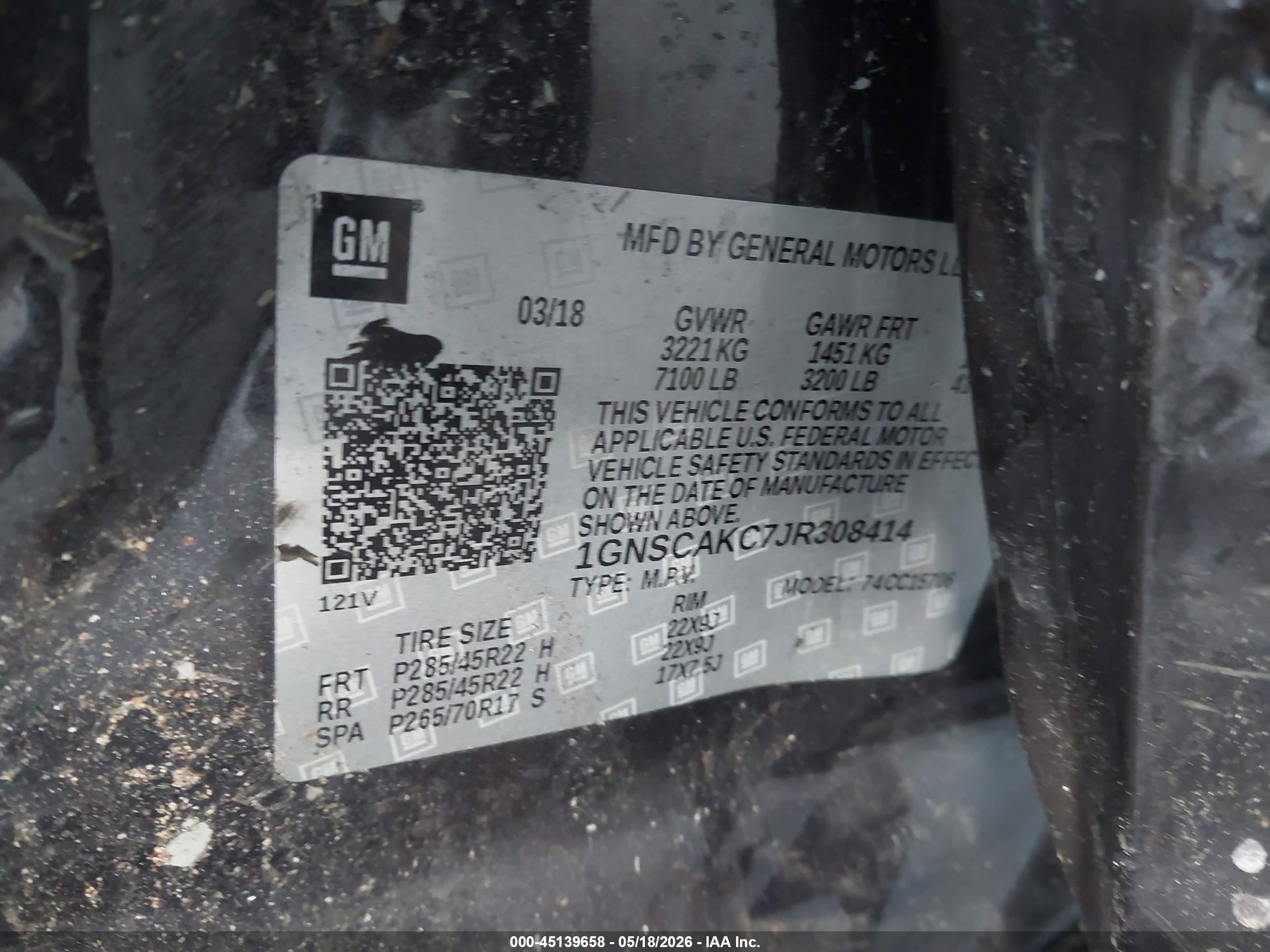 2018 Chevrolet Tahoe VIN 1GNSCAKC7JR308414 IAAI salvage auction — Side, Salvage (California), sold $5,050 on 2026-07-09 (photo 9)