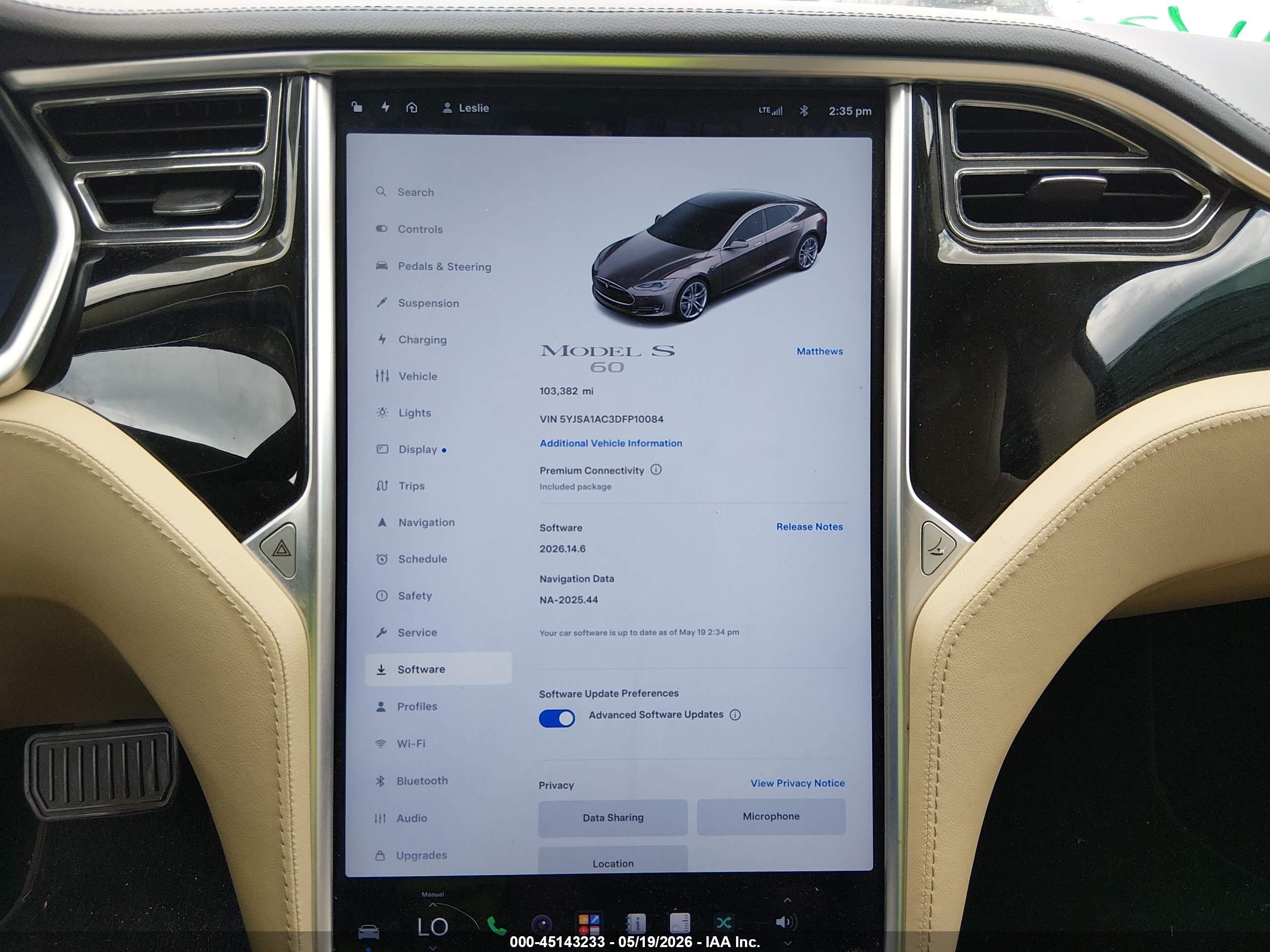 2013 Tesla Model S VIN 5YJSA1AC3DFP10084 IAAI salvage auction — Side, Salvage (Texas), sold $2,050 on 2026-06-30 (photo 7)