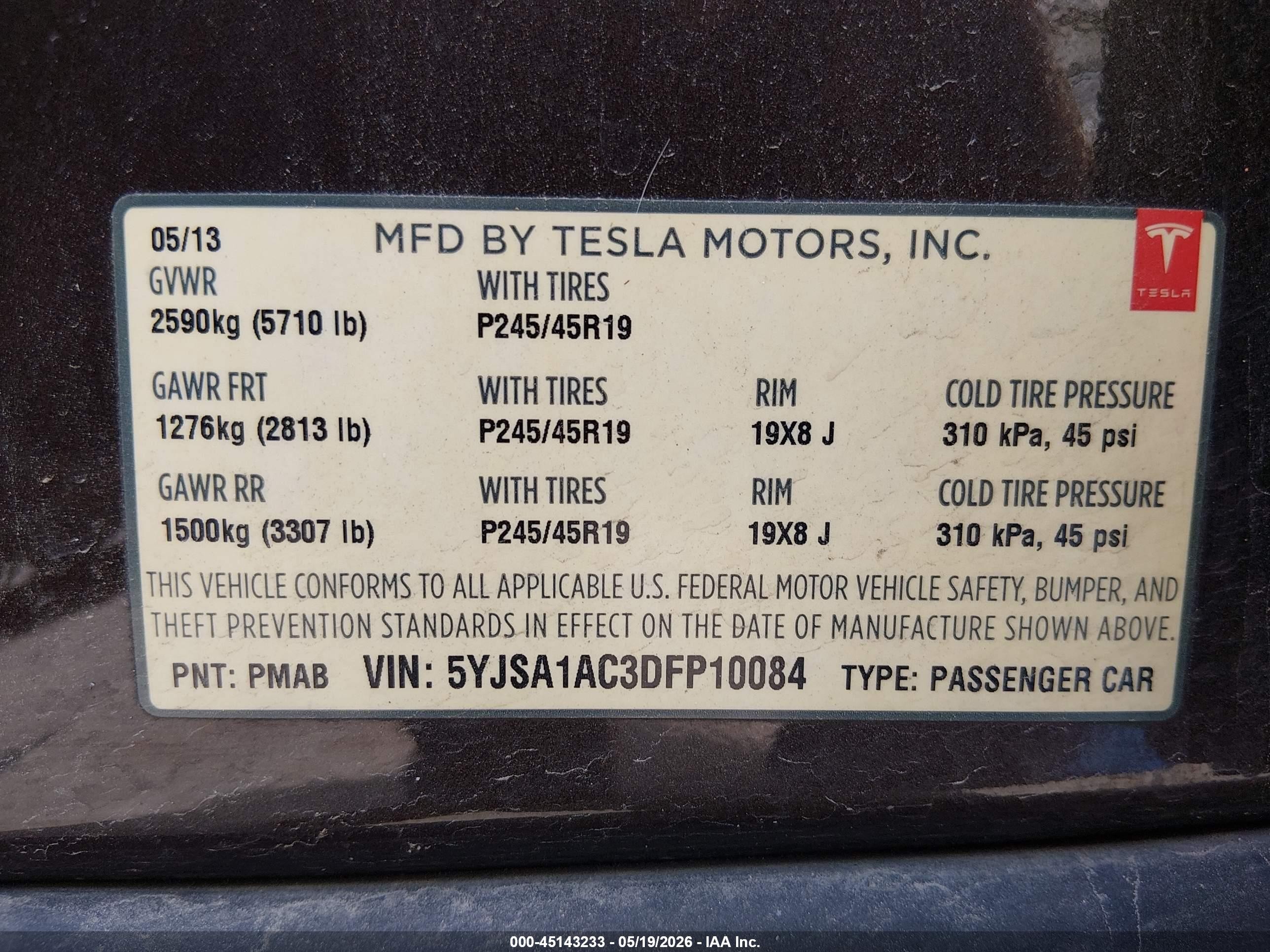 2013 Tesla Model S VIN 5YJSA1AC3DFP10084 IAAI salvage auction — Side, Salvage (Texas), sold $2,050 on 2026-06-30 (photo 9)
