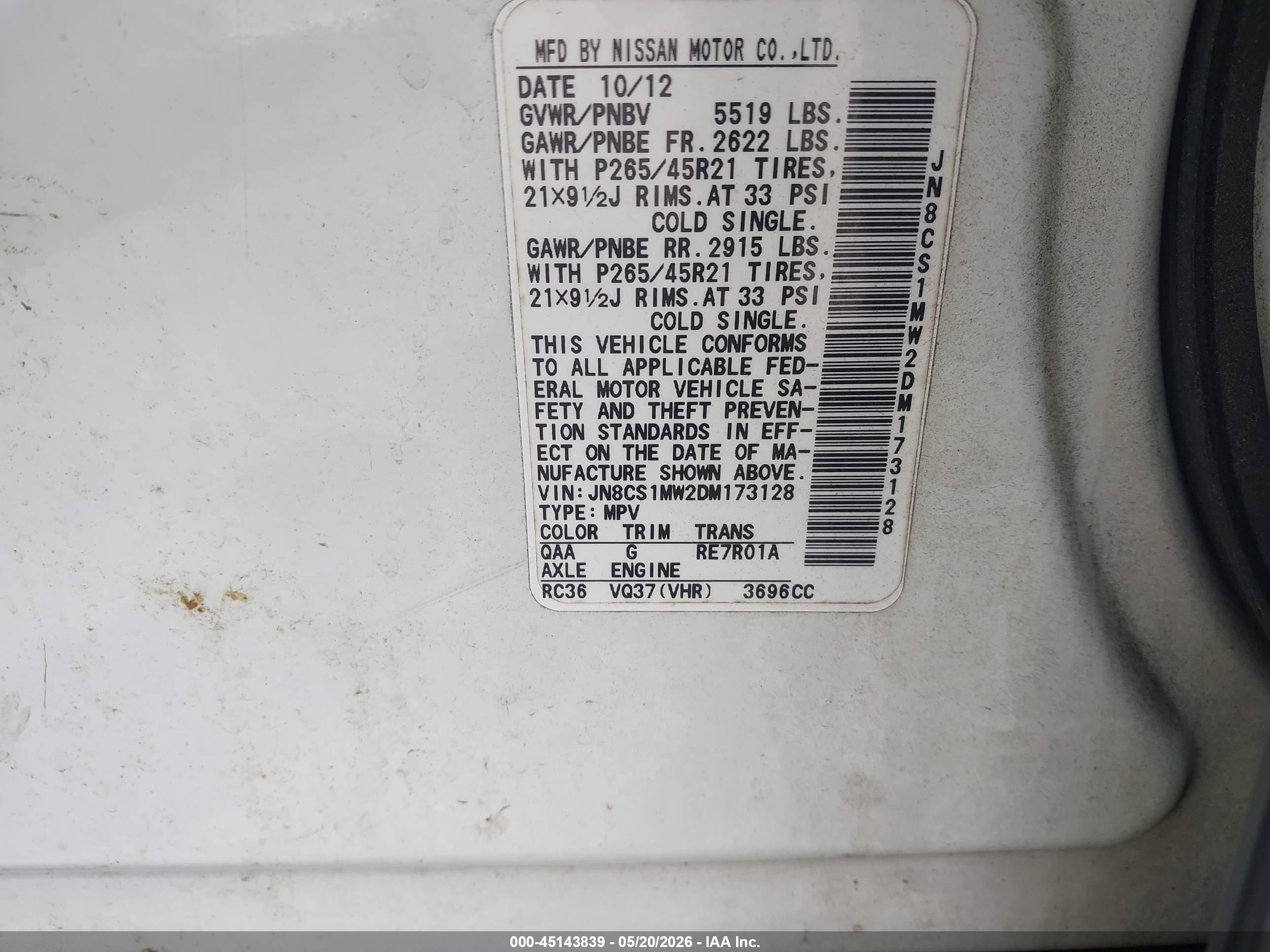 2013 Infiniti FX37 VIN JN8CS1MW2DM173128 IAAI salvage auction — Front End, Salvage (Georgia), sold $1,200 on 2026-09-23 (photo 9)