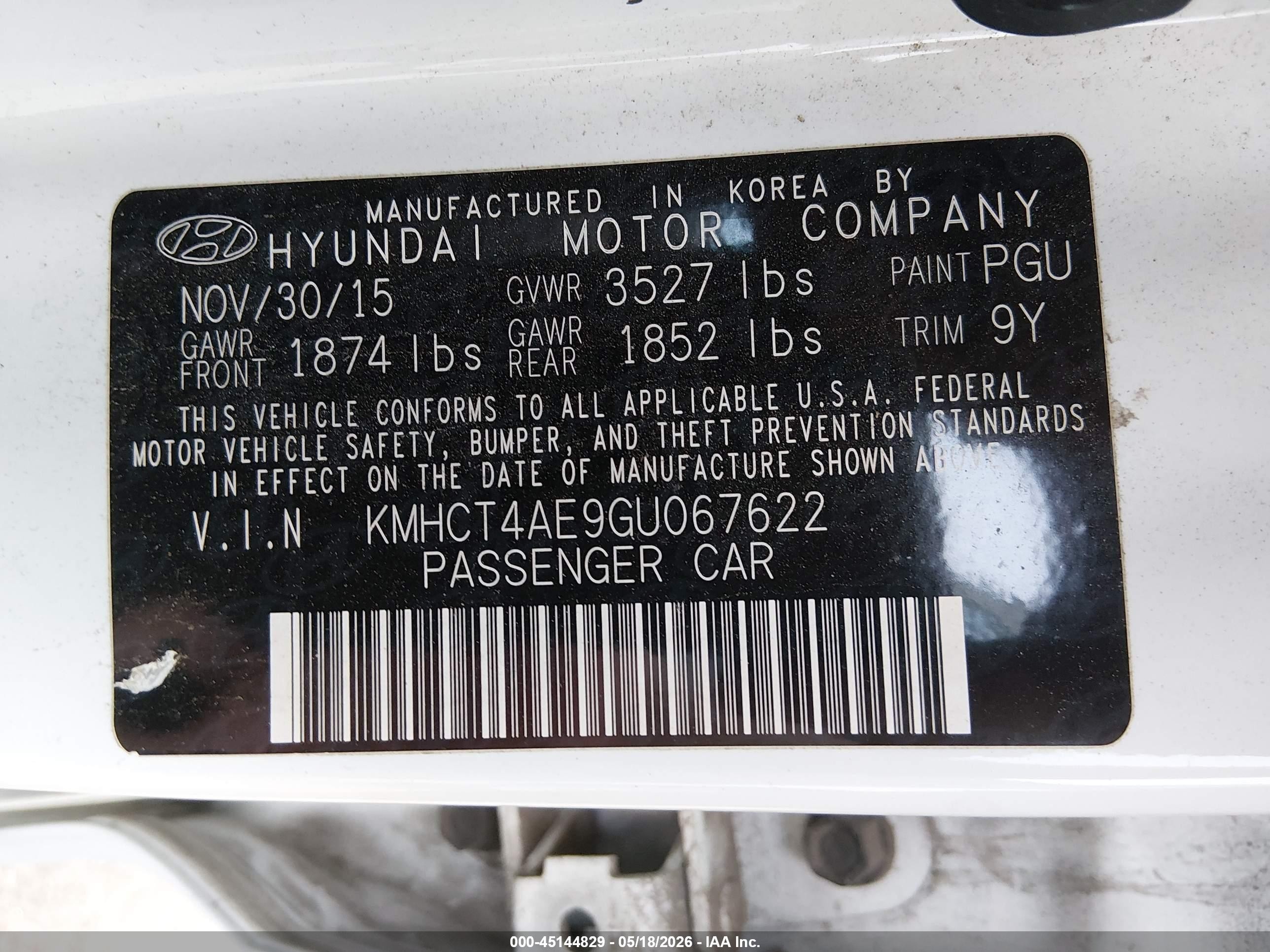 2016 Hyundai Accent VIN KMHCT4AE9GU067622 IAAI salvage auction — Front End, Salvage (Utah), sold $750 on 2026-07-05 (photo 9)
