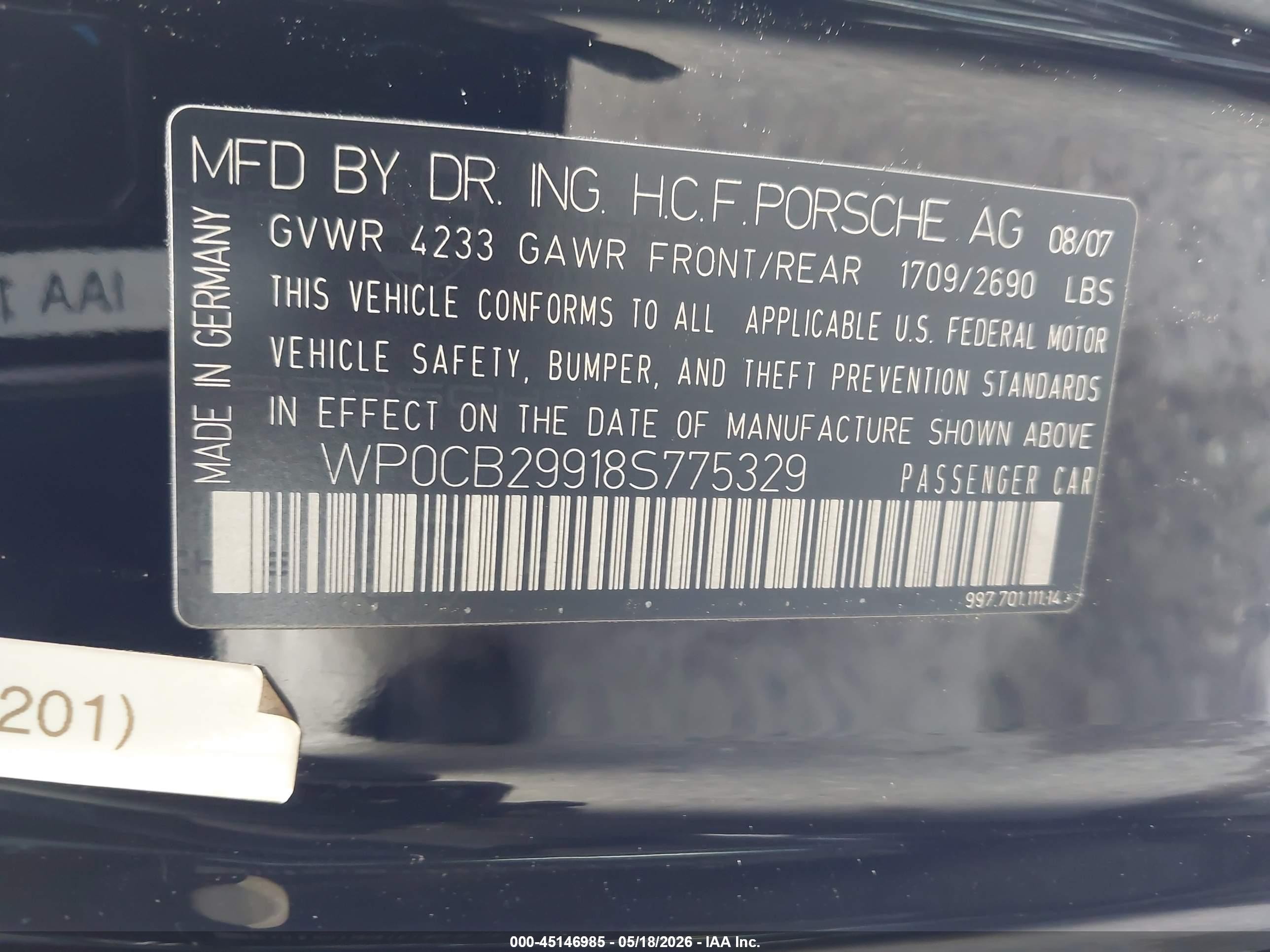 2008 Porsche 911 VIN WP0CB29918S775329 IAAI salvage auction — Front End, Salvage (California), sold $19,200 on 2026-07-07 (photo 9)