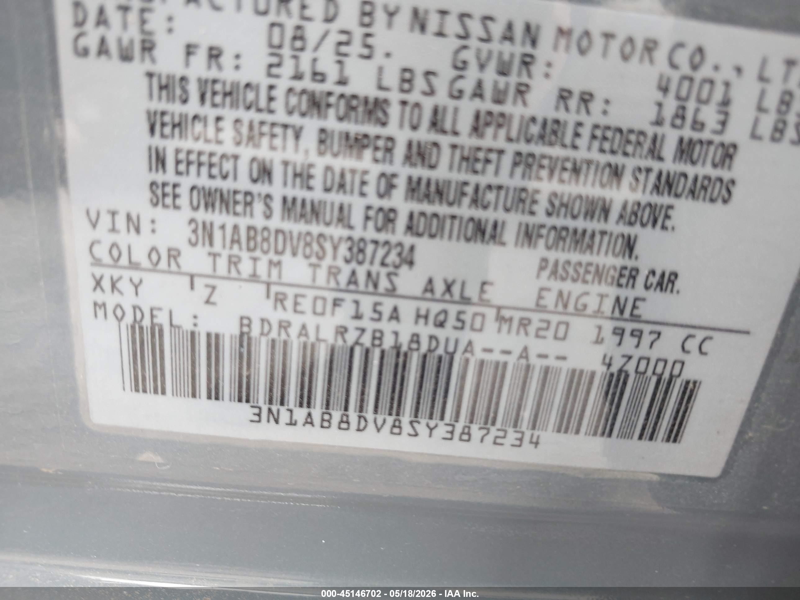 2025 Nissan Sentra VIN 3N1AB8DV8SY387234 IAAI salvage auction — Side, Salvage (Texas), sold $8,100 on 2026-07-12 (photo 9)