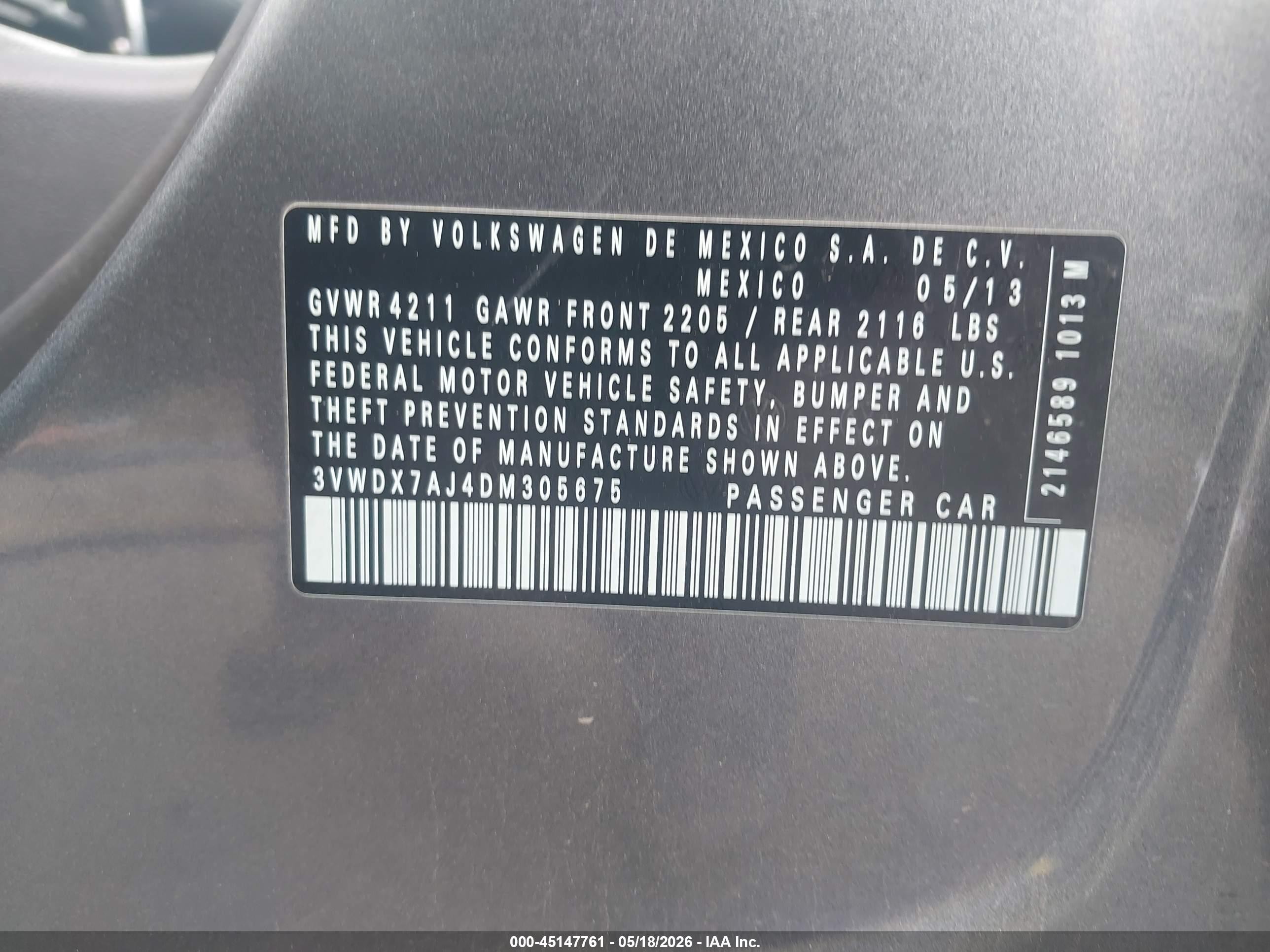 2013 Volkswagen Jetta VIN 3VWDX7AJ4DM305675 IAAI salvage auction — Unknown, Salvage (Utah), sold $325 on 2026-07-09 (photo 9)