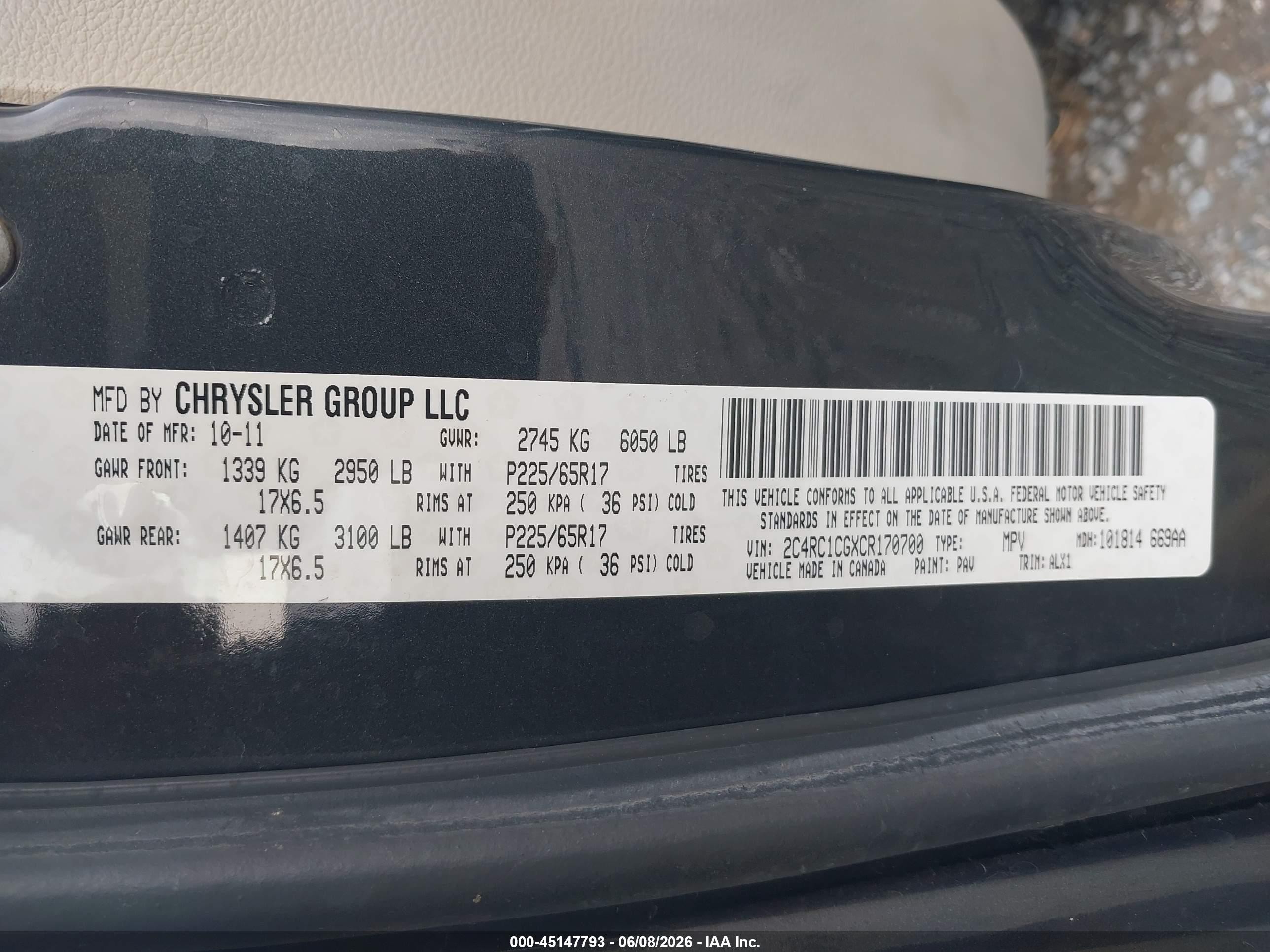 2012 Chrysler Town & country VIN 2C4RC1CGXCR170700 IAAI salvage auction — Front End, Clear (Arkansas), sold $500 on 2026-09-10 (photo 9)