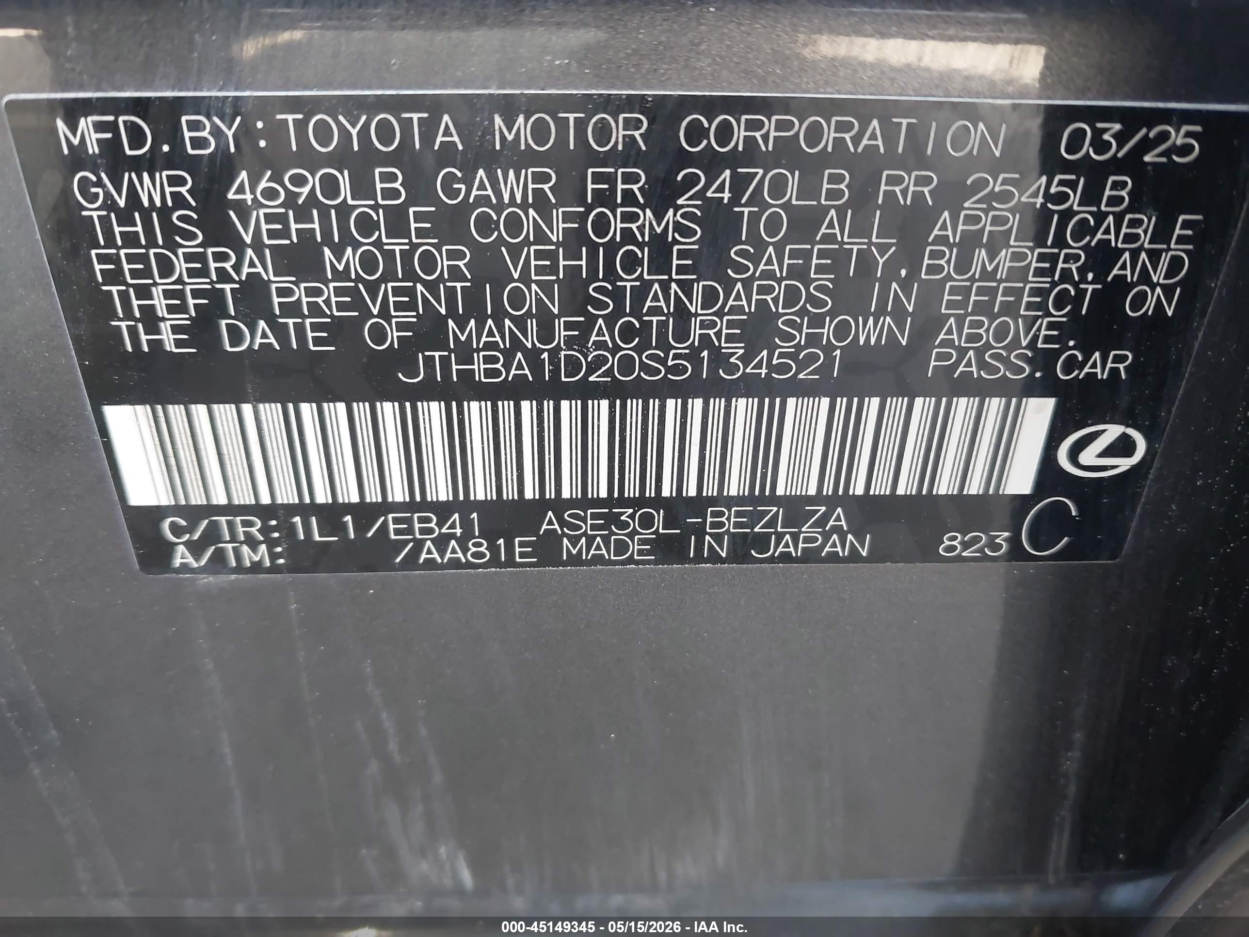 2025 Lexus Is VIN JTHBA1D20S5134521 IAAI salvage auction — Front End, Salvage (California), sold $9,250 on 2026-07-01 (photo 9)