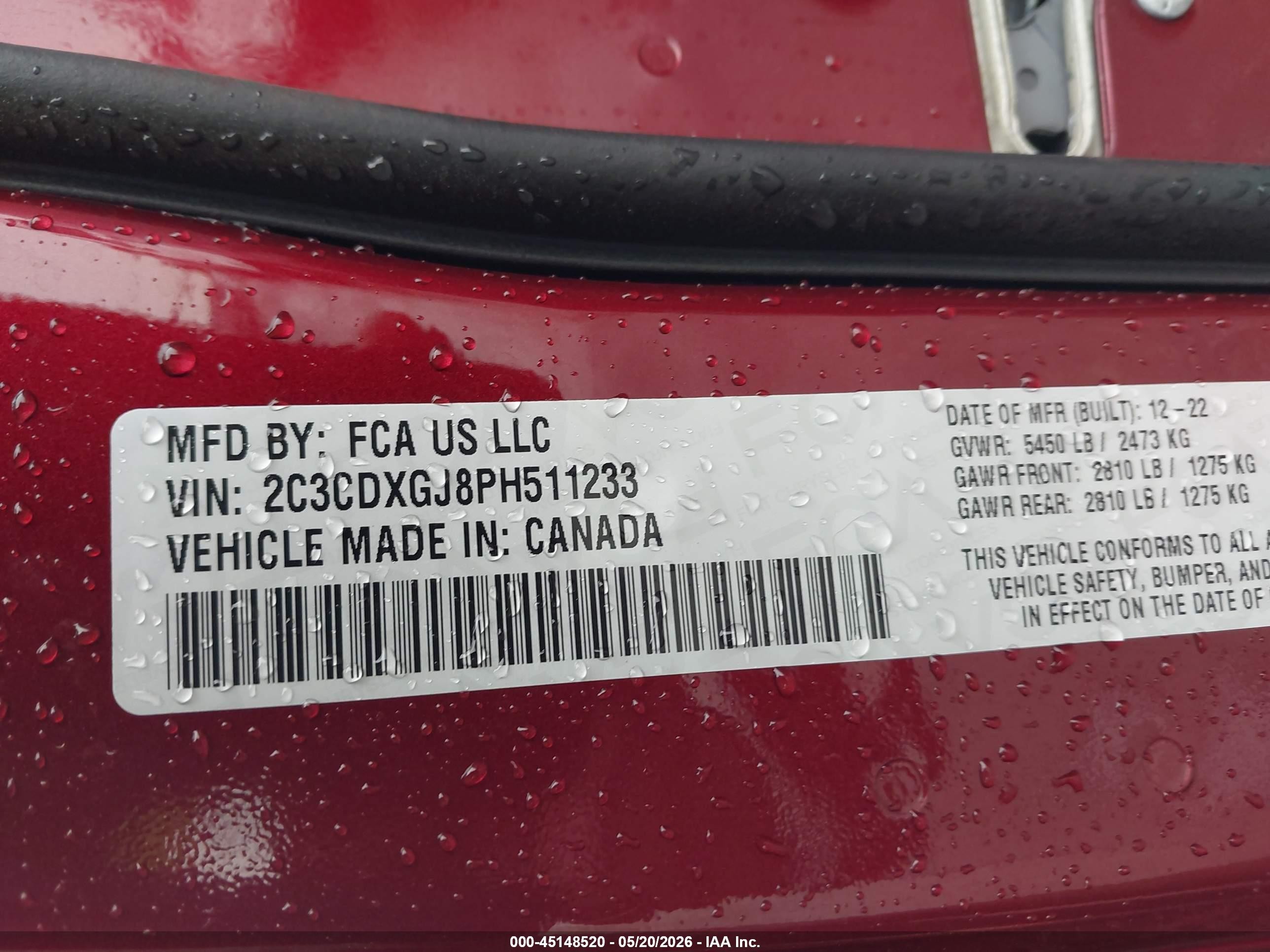 2023 Dodge Charger VIN 2C3CDXGJ8PH511233 IAAI salvage auction — Front & Rear, Original (Texas), sold $18,900 on 2026-07-11 (photo 9)