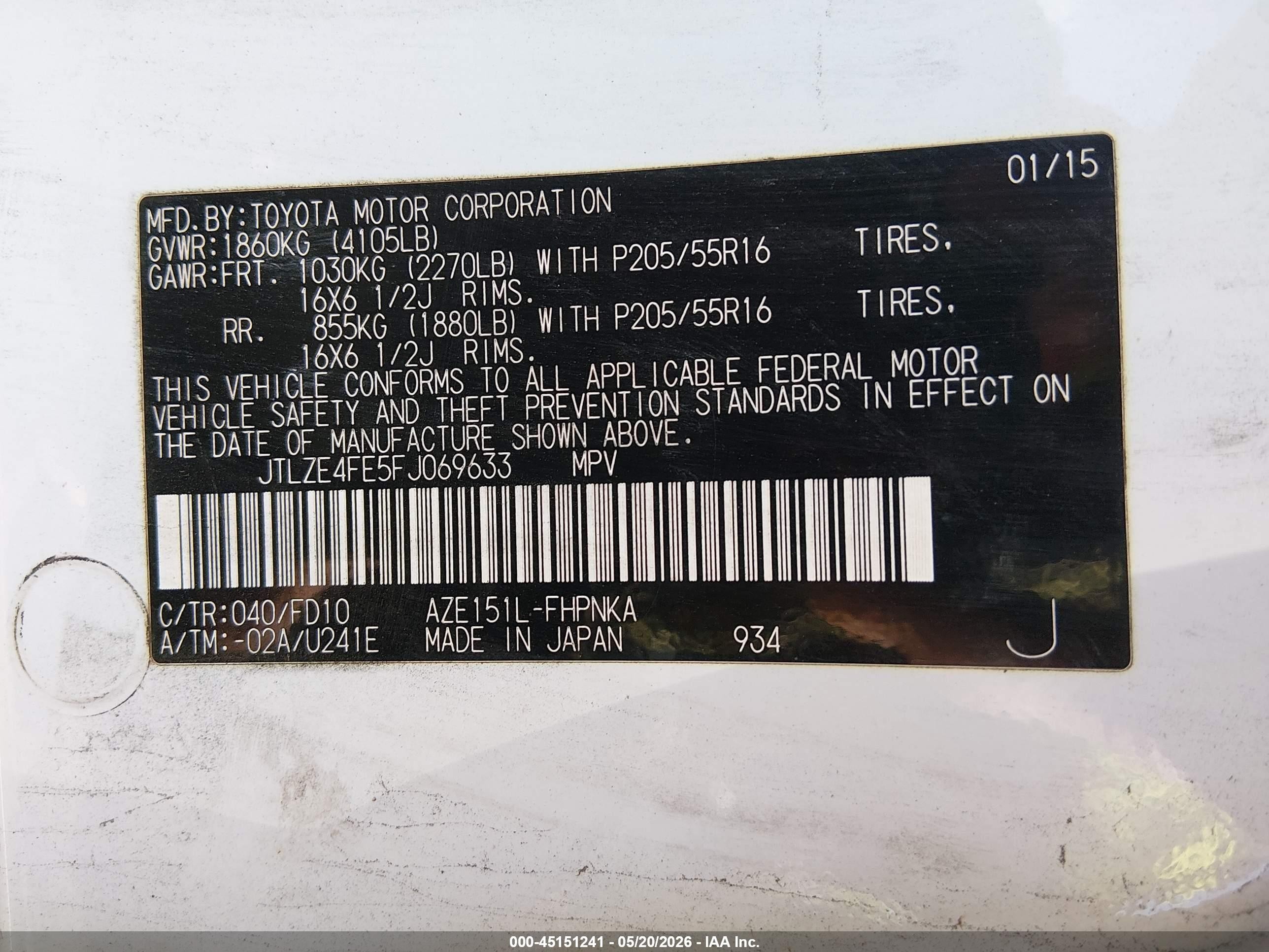 2015 Scion xB VIN JTLZE4FE5FJ069633 IAAI salvage auction — Unknown, Clear (Hawaii), sold $1,150 on 2026-09-12 (photo 9)