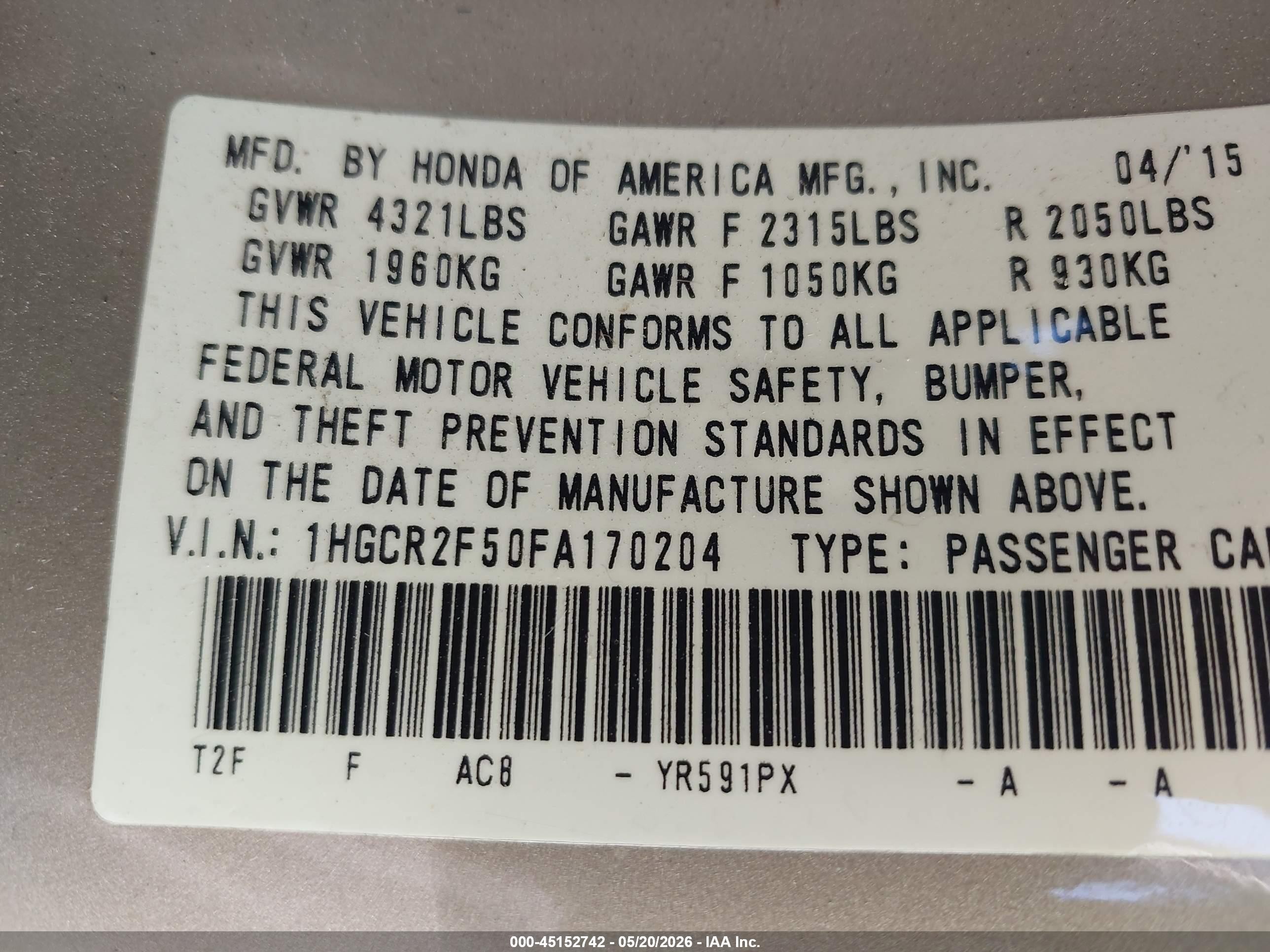 2015 Honda Accord VIN 1HGCR2F50FA170204 IAAI salvage auction — Front End, Clear (Virginia), sold $1,025 on 2026-07-12 (photo 9)
