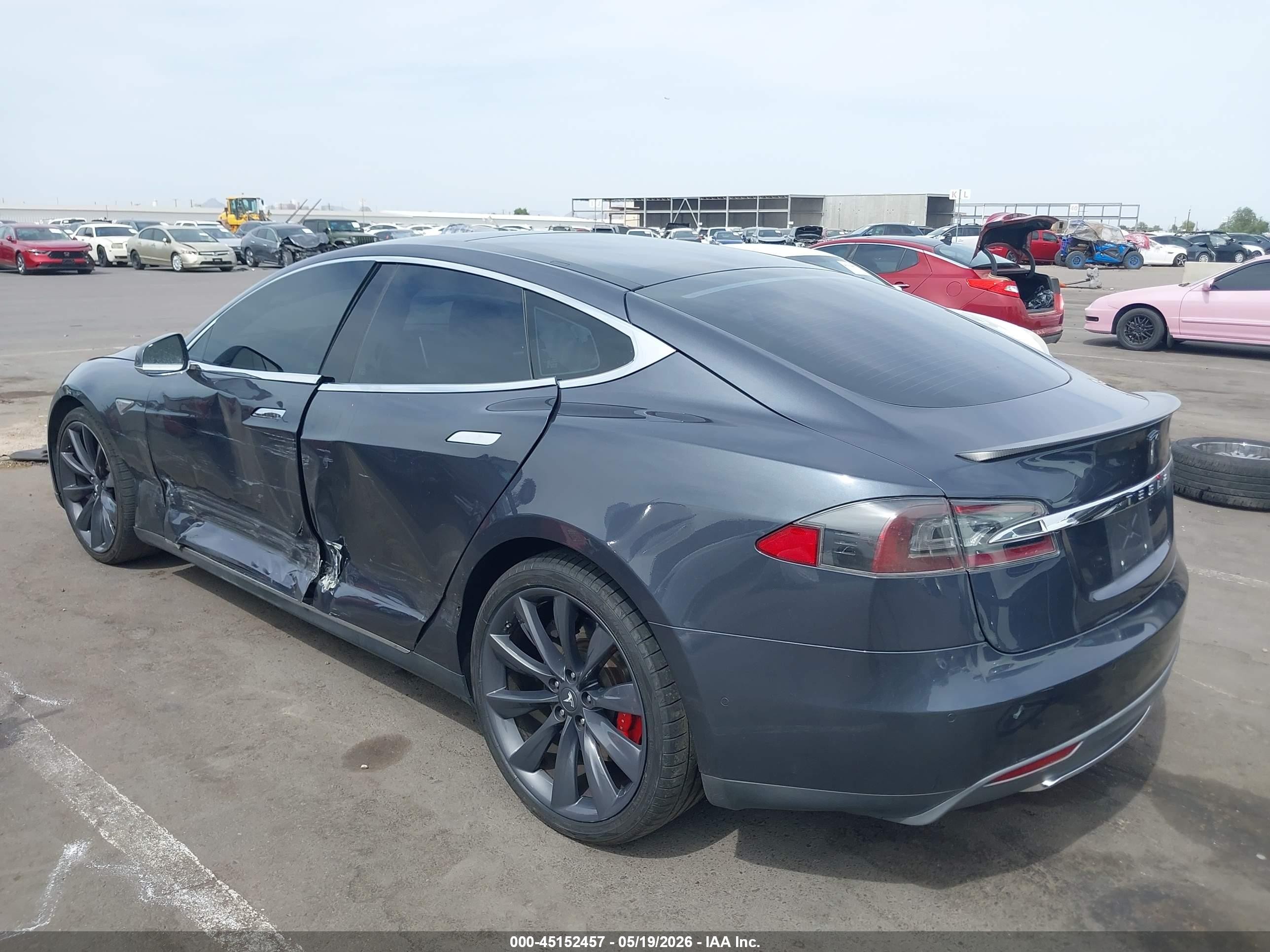 2016 Tesla Model S VIN 5YJSA1E44GF128518 IAAI salvage auction — Side, Salvage (Arizona), sold $3,350 on 2026-06-30 (photo 3)