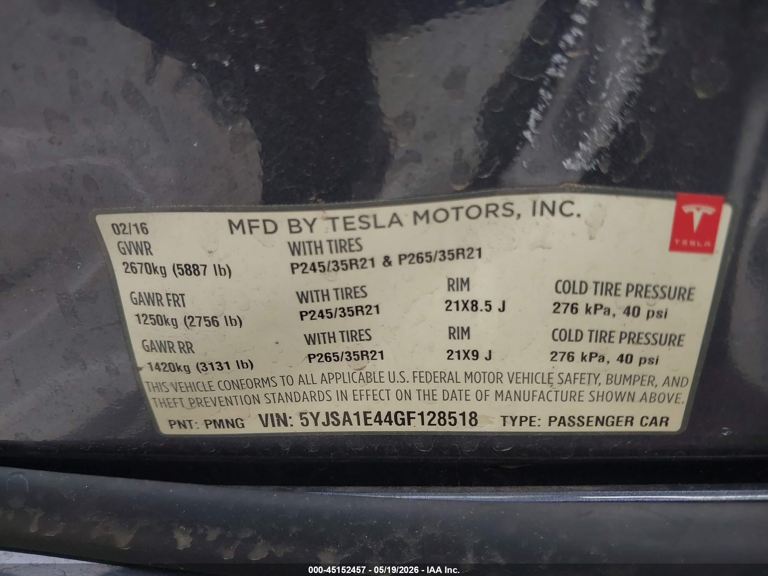 2016 Tesla Model S VIN 5YJSA1E44GF128518 IAAI salvage auction — Side, Salvage (Arizona), sold $3,350 on 2026-06-30 (photo 9)
