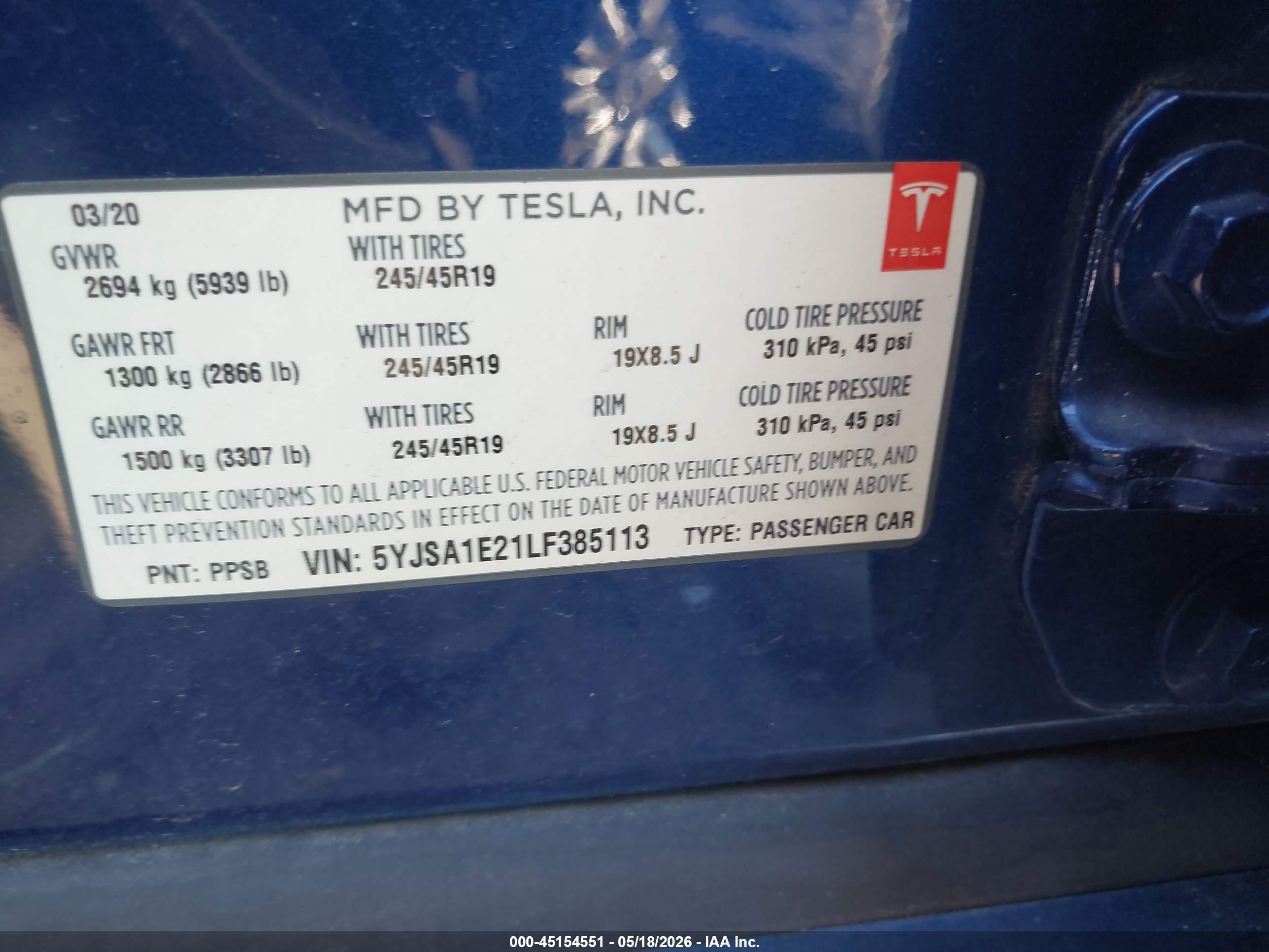 2020 Tesla Model s VIN 5YJSA1E21LF385113 IAAI salvage auction — Front & Rear, Salvage - Greater Than 75% (Maryland), sold $7,300 on 2026-09-05 (photo 9)