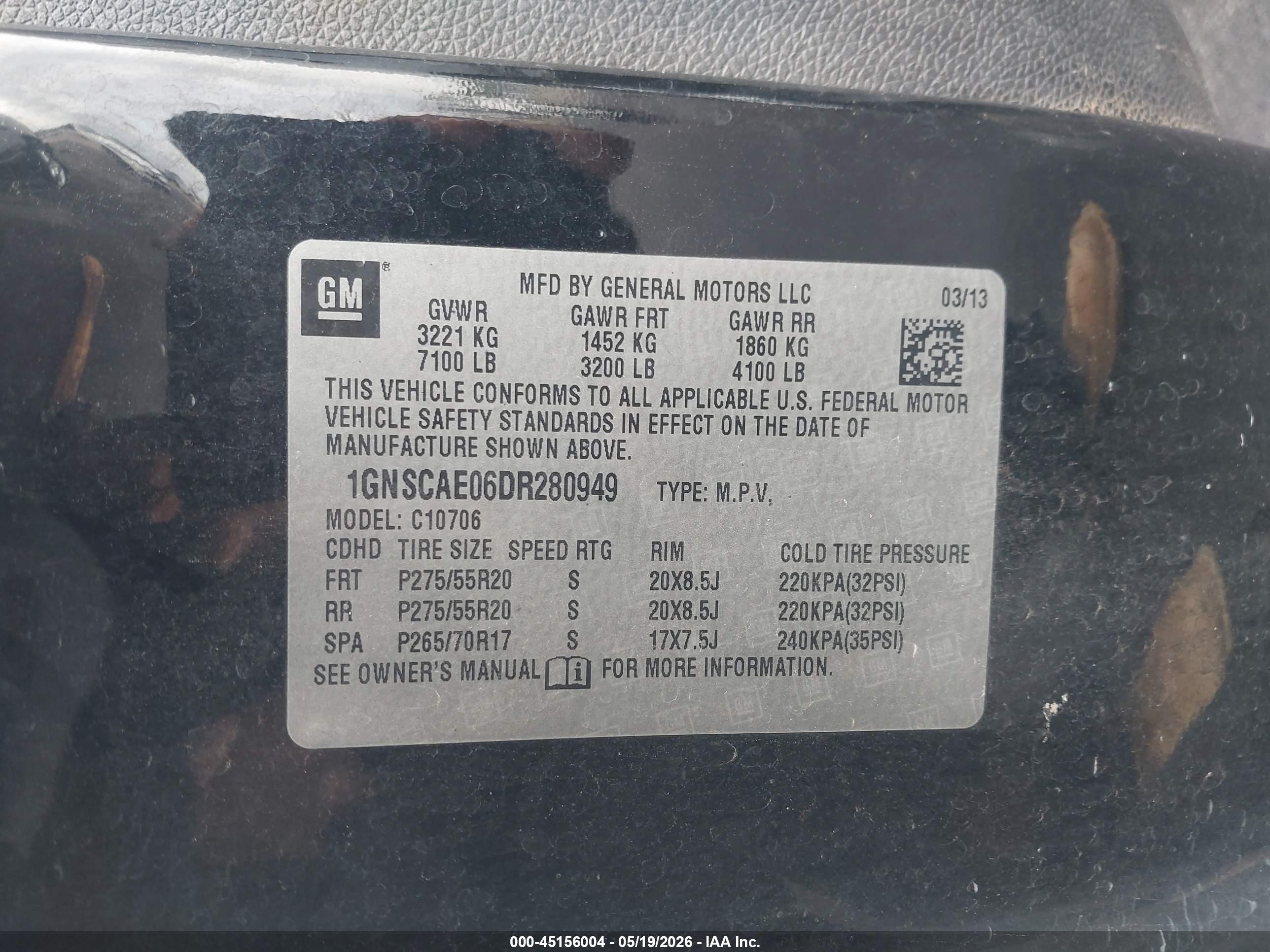 2013 Chevrolet Tahoe VIN 1GNSCAE06DR280949 IAAI salvage auction — Front End, Salvage (Illinois), sold $1,150 on 2026-07-11 (photo 9)
