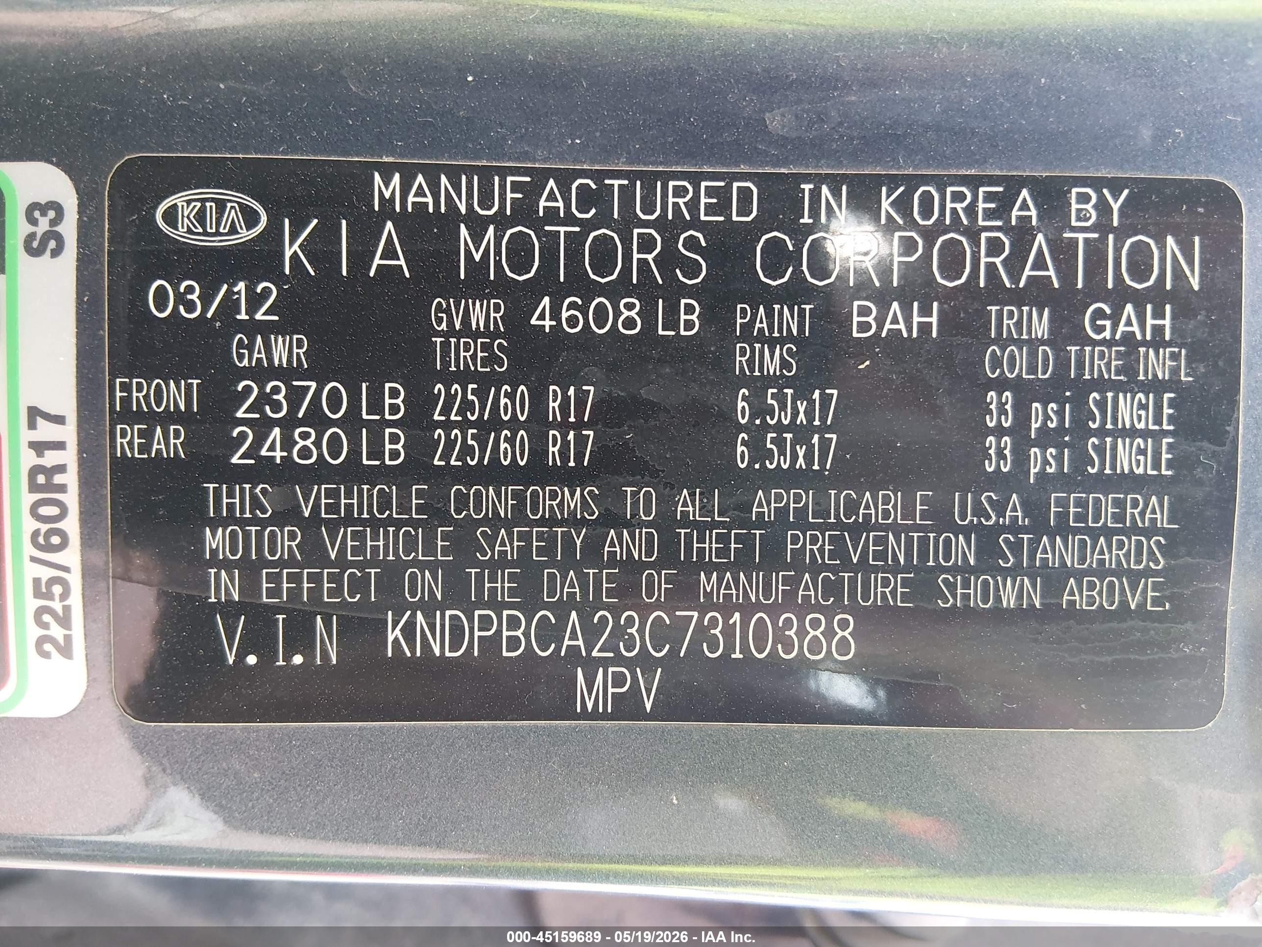 2012 Kia Sportage VIN KNDPBCA23C7310388 IAAI salvage auction — Side, Salvage (West Virginia), sold $1,650 on 2026-07-10 (photo 9)