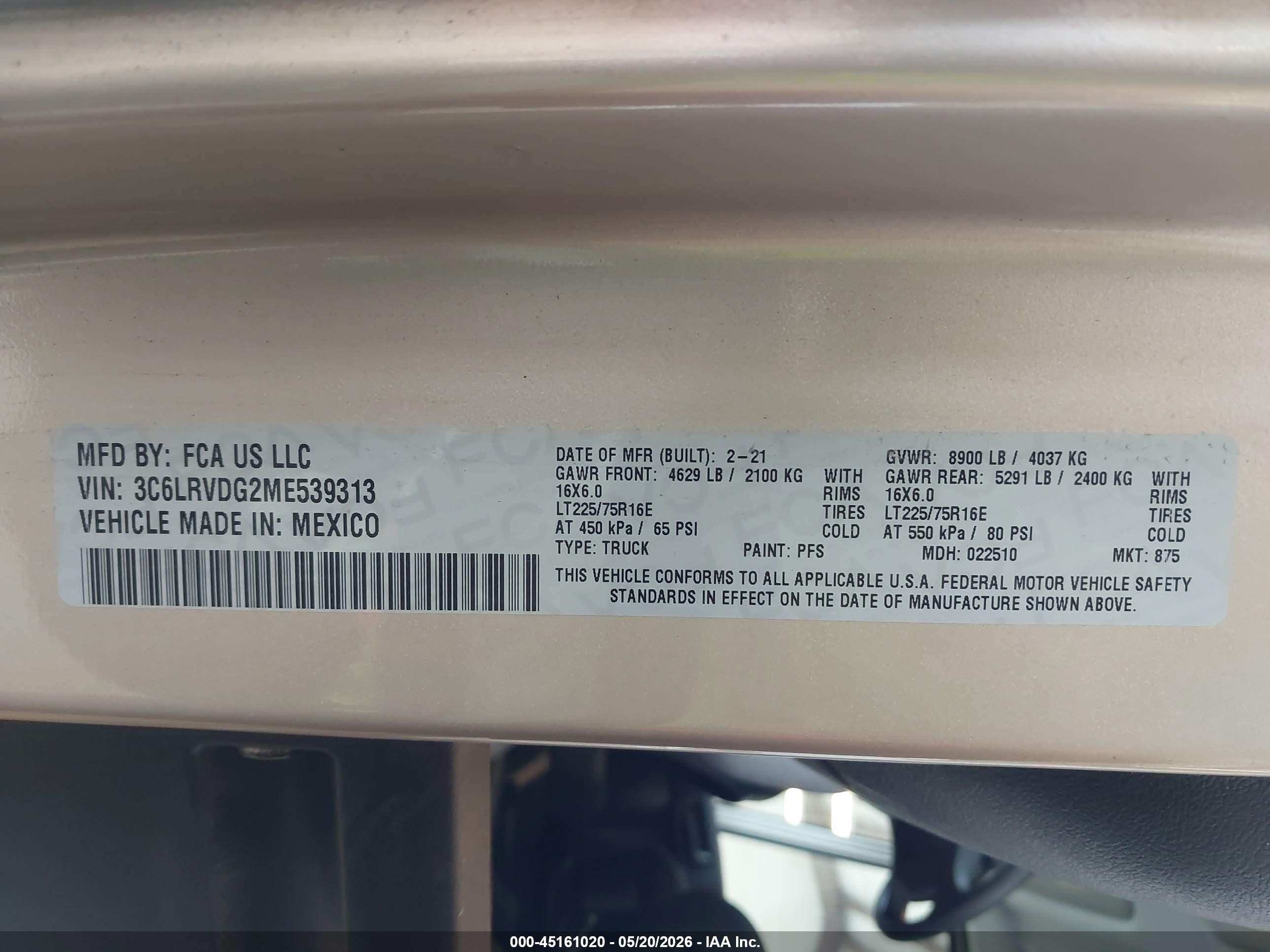 2021 Ram ProMaster 2500 VIN 3C6LRVDG2ME539313 IAAI salvage auction — Rear End, Bill Of Sale (Washington), sold $8,100 on 2026-08-12 (photo 9)