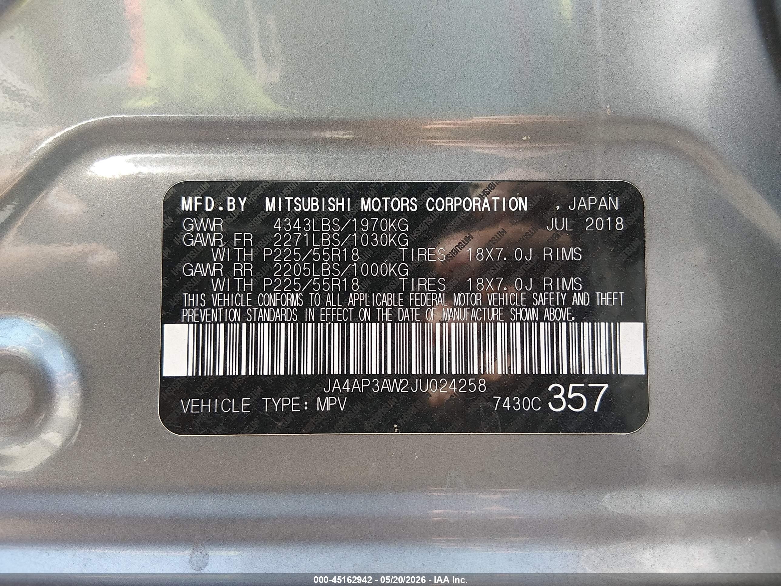2018 Mitsubishi Outlander VIN JA4AP3AW2JU024258 IAAI salvage auction — Front End, Salvage (North Carolina), sold $650 on 2026-09-13 (photo 9)
