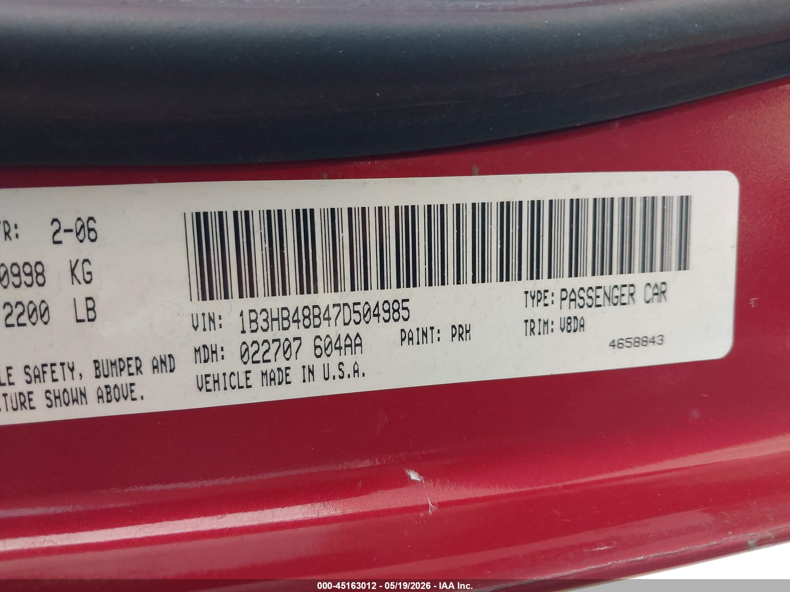 2007 Dodge Caliber VIN 1B3HB48B47D504985 IAAI salvage auction — Rear End, Salvage (Oregon), sold $275 on 2026-07-09 (photo 9)