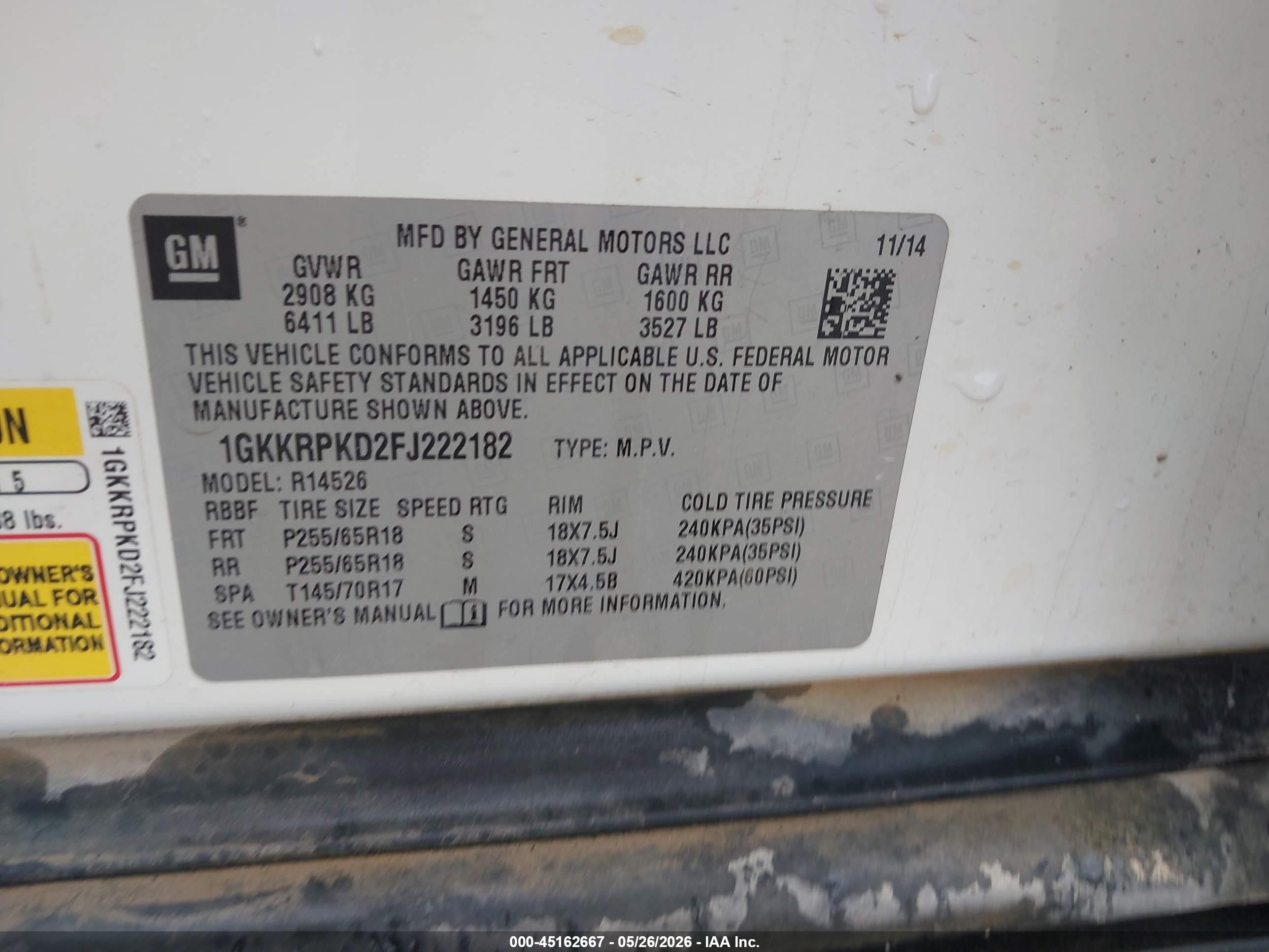 2015 GMC Acadia VIN 1GKKRPKD2FJ222182 IAAI salvage auction — Hail, Salvage (Missouri), sold $900 on 2026-10-12 (photo 9)