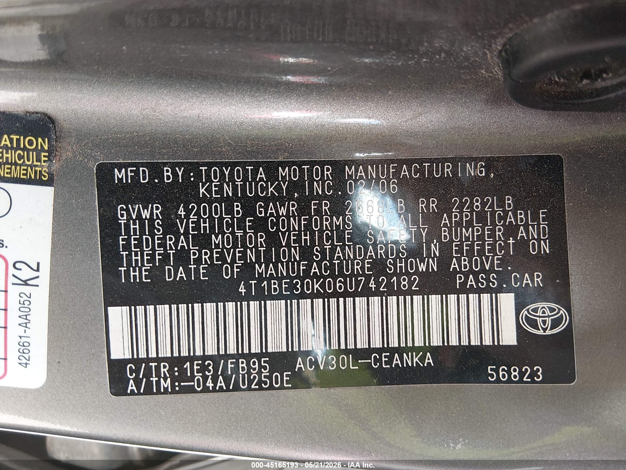 2006 Toyota Camry VIN 4T1BE30K06U742182 IAAI salvage auction — Side, Salvage (Utah), sold $375 on 2026-07-09 (photo 9)