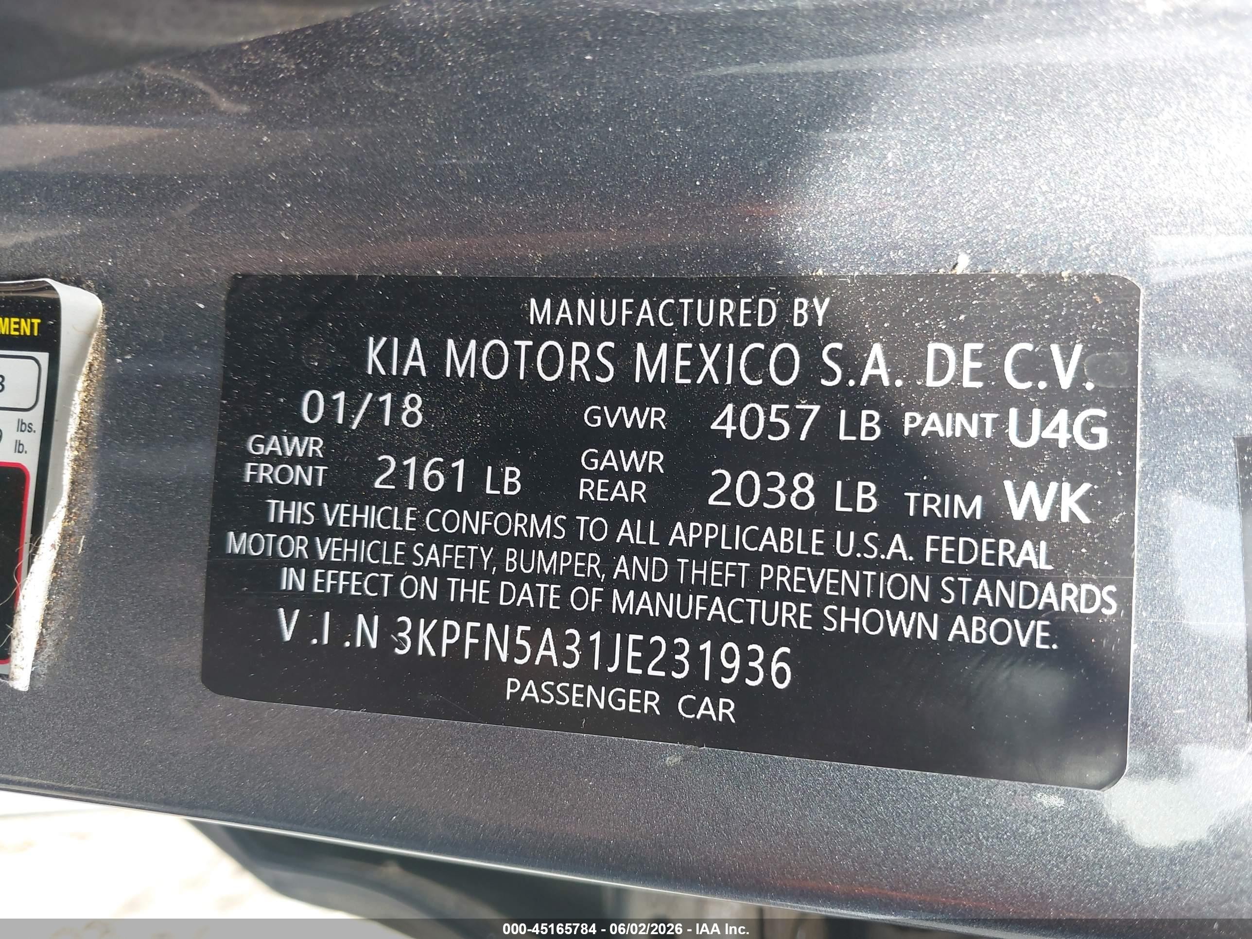 2018 Kia Forte VIN 3KPFN5A31JE231936 IAAI salvage auction — Unknown, Salvage Certificate (California), sold $1,700 on 2026-09-11 (photo 9)