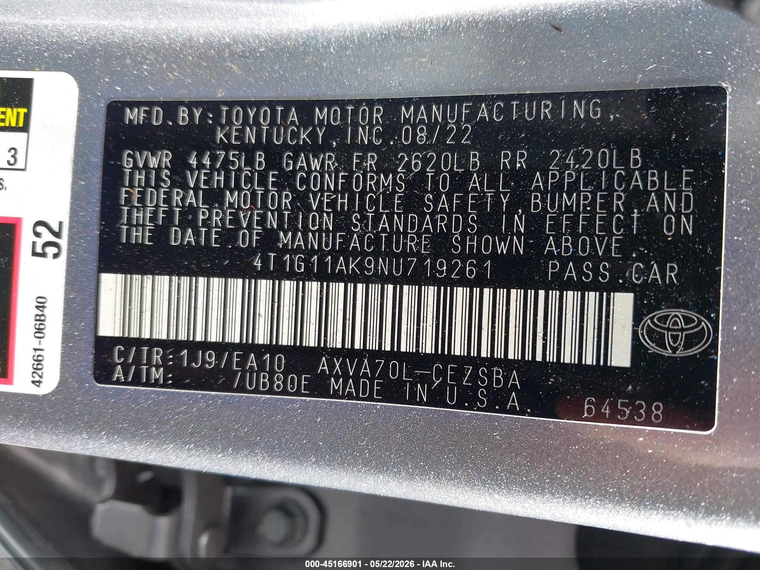 2022 Toyota Camry VIN 4T1G11AK9NU719261 IAAI salvage auction — Rear End, Salvage (Oregon), sold $12,800 on 2026-07-09 (photo 9)