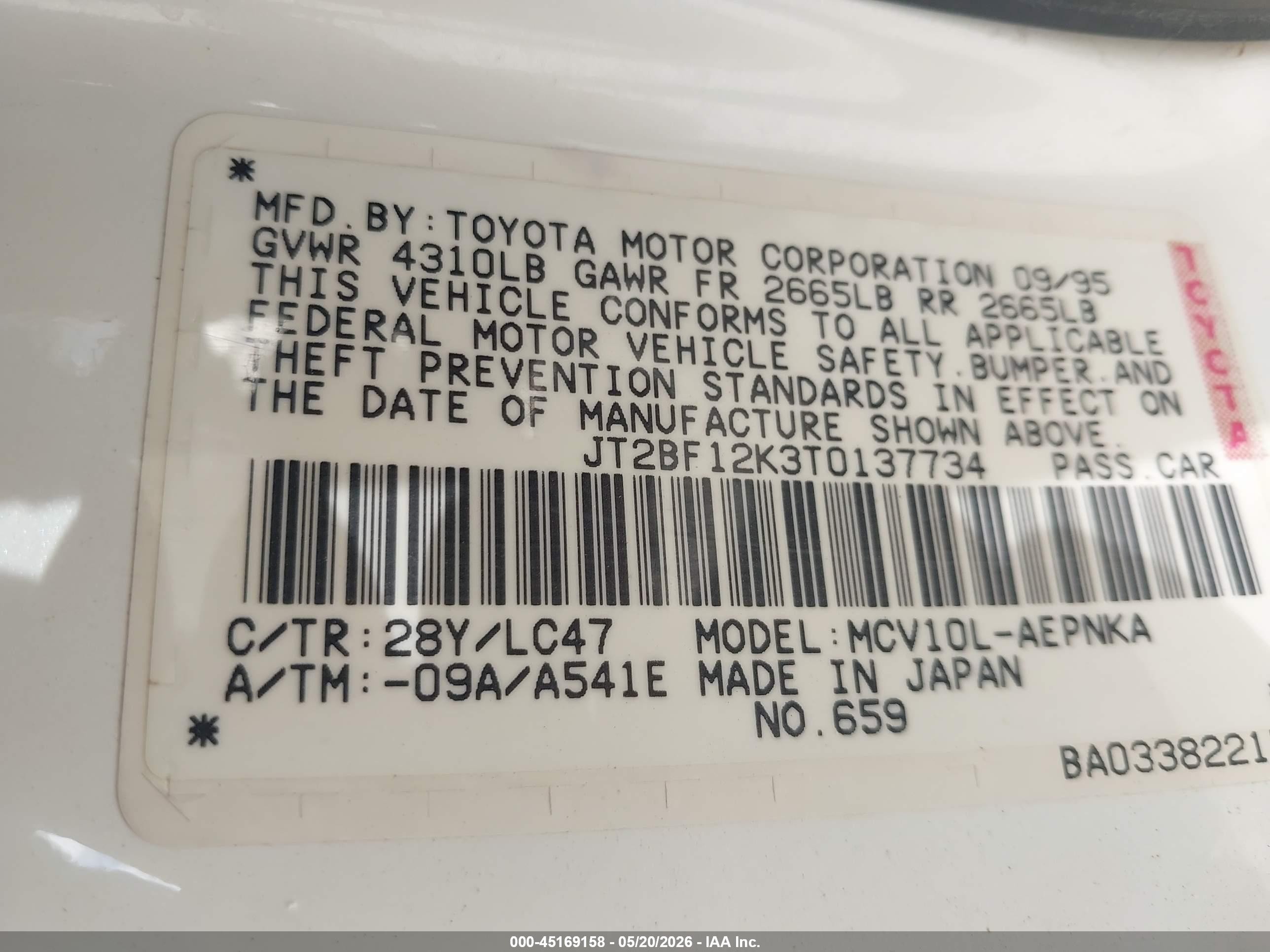 1996 Toyota Camry VIN JT2BF12K3T0137734 IAAI salvage auction — Normal Wear, Clear (Utah), sold $300 on 2026-07-09 (photo 9)
