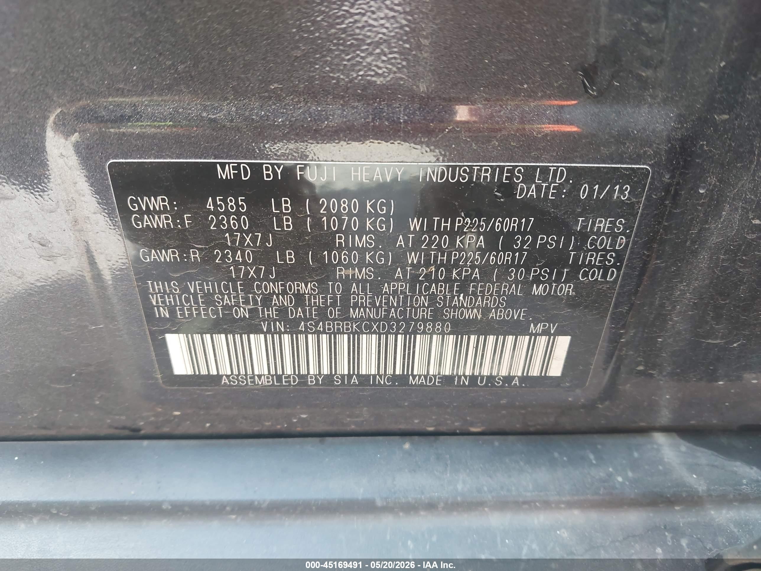 2013 Subaru Outback VIN 4S4BRBKCXD3279880 IAAI salvage auction — Unknown, Salvage (Oregon), sold $550 on 2026-07-09 (photo 9)