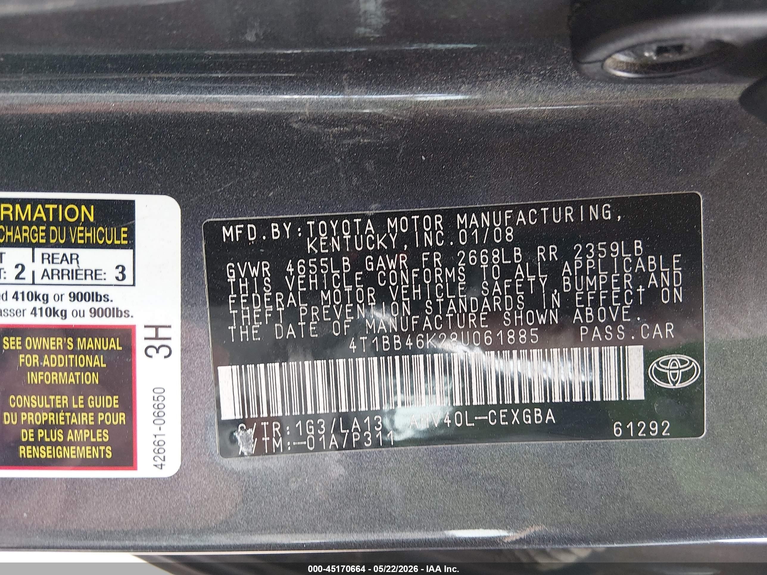 2008 Toyota Camry Hybrid VIN 4T1BB46K28U061885 IAAI salvage auction — Front End, Salvage (Utah), sold $250 on 2026-07-09 (photo 9)