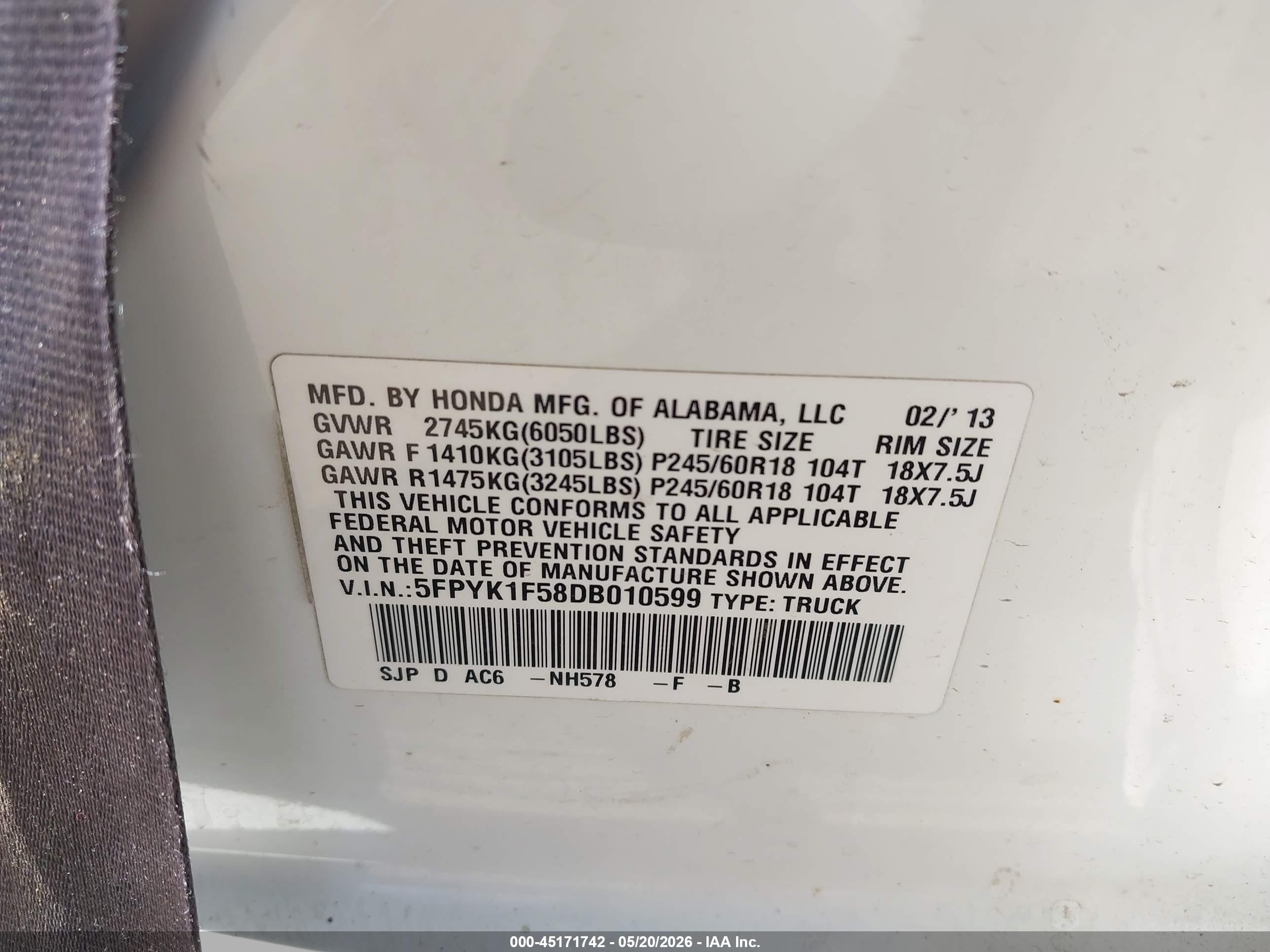 2013 Honda Ridgeline VIN 5FPYK1F58DB010599 IAAI salvage auction — Front End, Salvage (Utah), sold $450 on 2026-07-02 (photo 9)