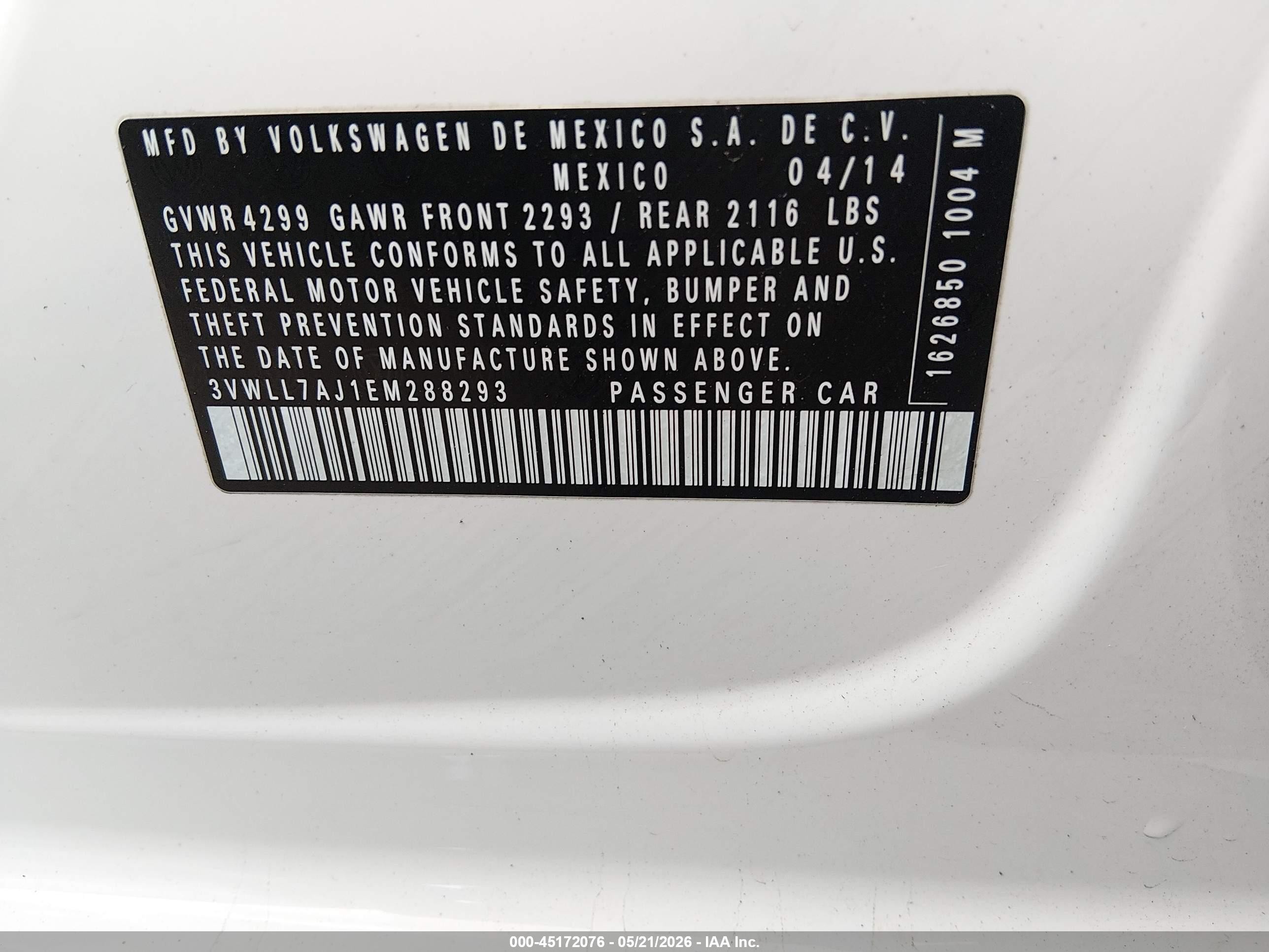 2014 Volkswagen Jetta VIN 3VWLL7AJ1EM288293 IAAI salvage auction — Front End, Salvage (Utah), sold $1,500 on 2026-07-09 (photo 9)