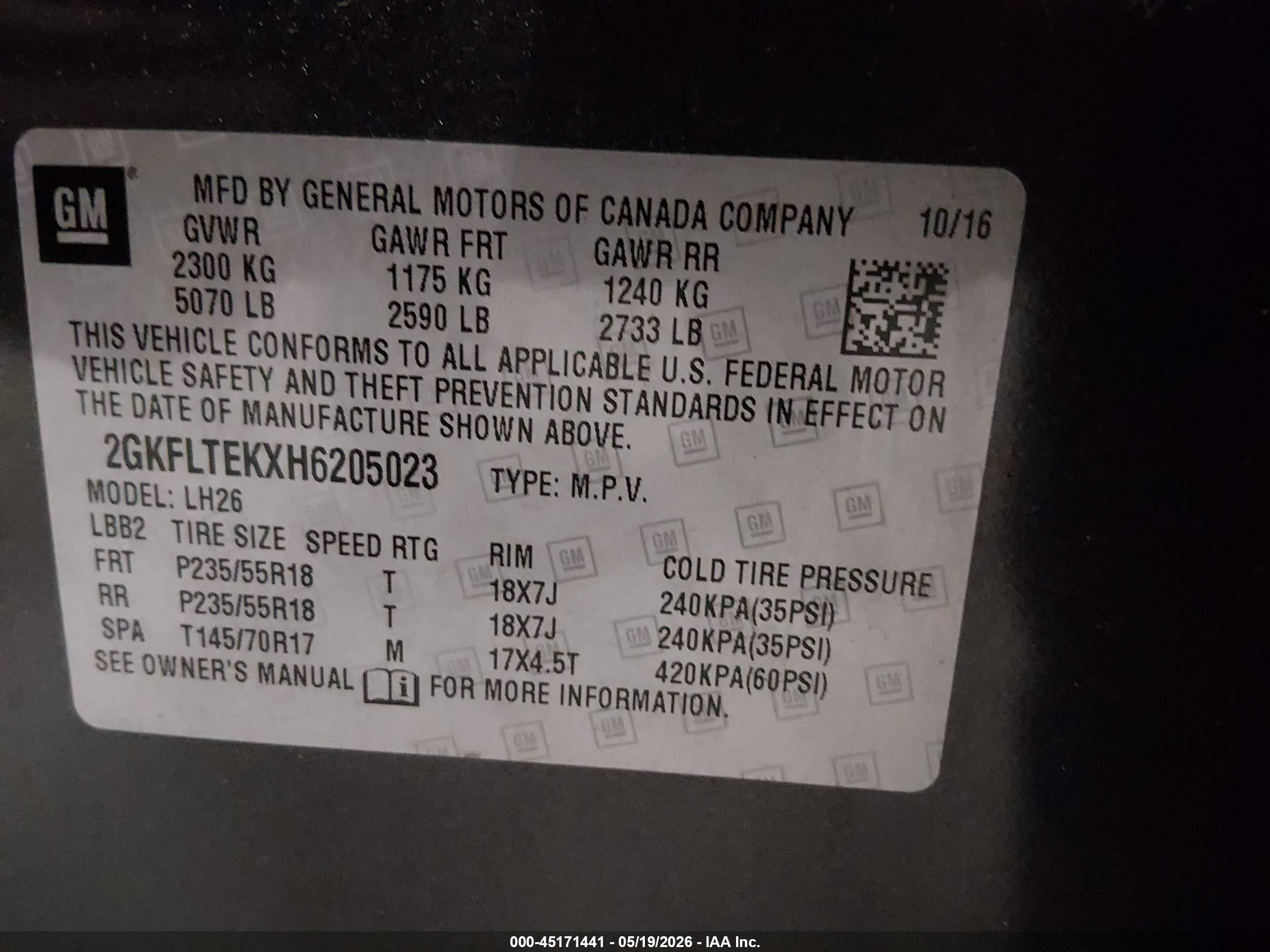 2017 GMC Terrain VIN 2GKFLTEKXH6205023 IAAI salvage auction — Normal Wear, SF97 (Oklahoma), sold $7,900 on 2026-07-09 (photo 9)