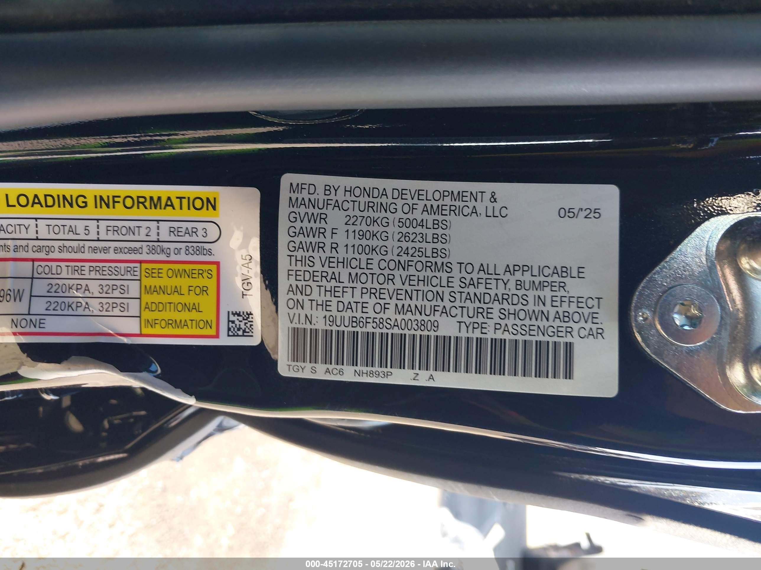 2025 Acura TLX VIN 19UUB6F58SA003809 IAAI salvage auction — Front & Rear, Salvage (Oregon), sold $3,000 on 2026-09-12 (photo 9)