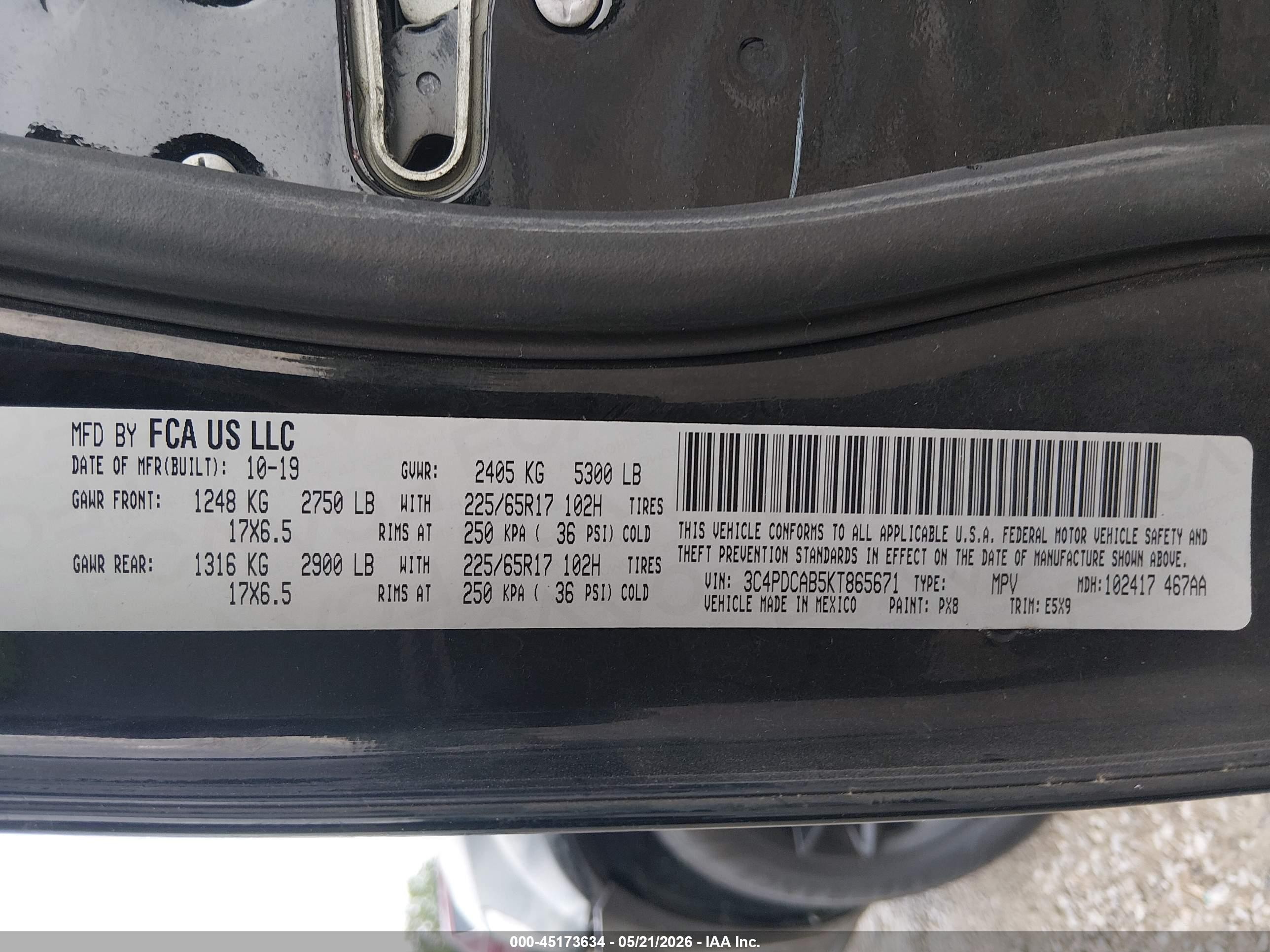 2019 Dodge Journey VIN 3C4PDCAB5KT865671 IAAI salvage auction — Unknown, Salvage (Ohio), sold $1,800 on 2026-07-10 (photo 9)