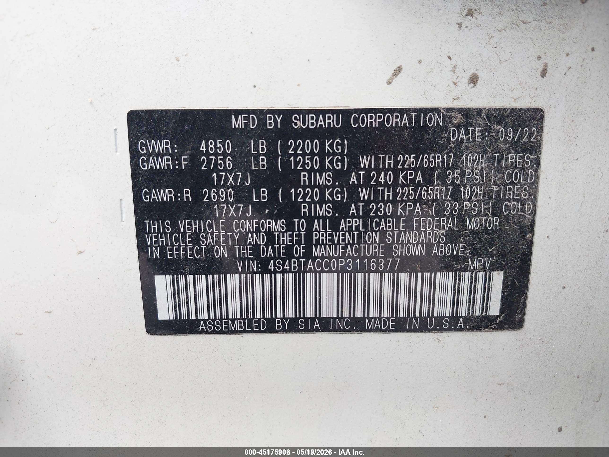 2023 Subaru Outback VIN 4S4BTACC0P3116377 IAAI salvage auction — Normal Wear, Sf97 (Washington), sold $14,750 on 2026-07-09 (photo 9)