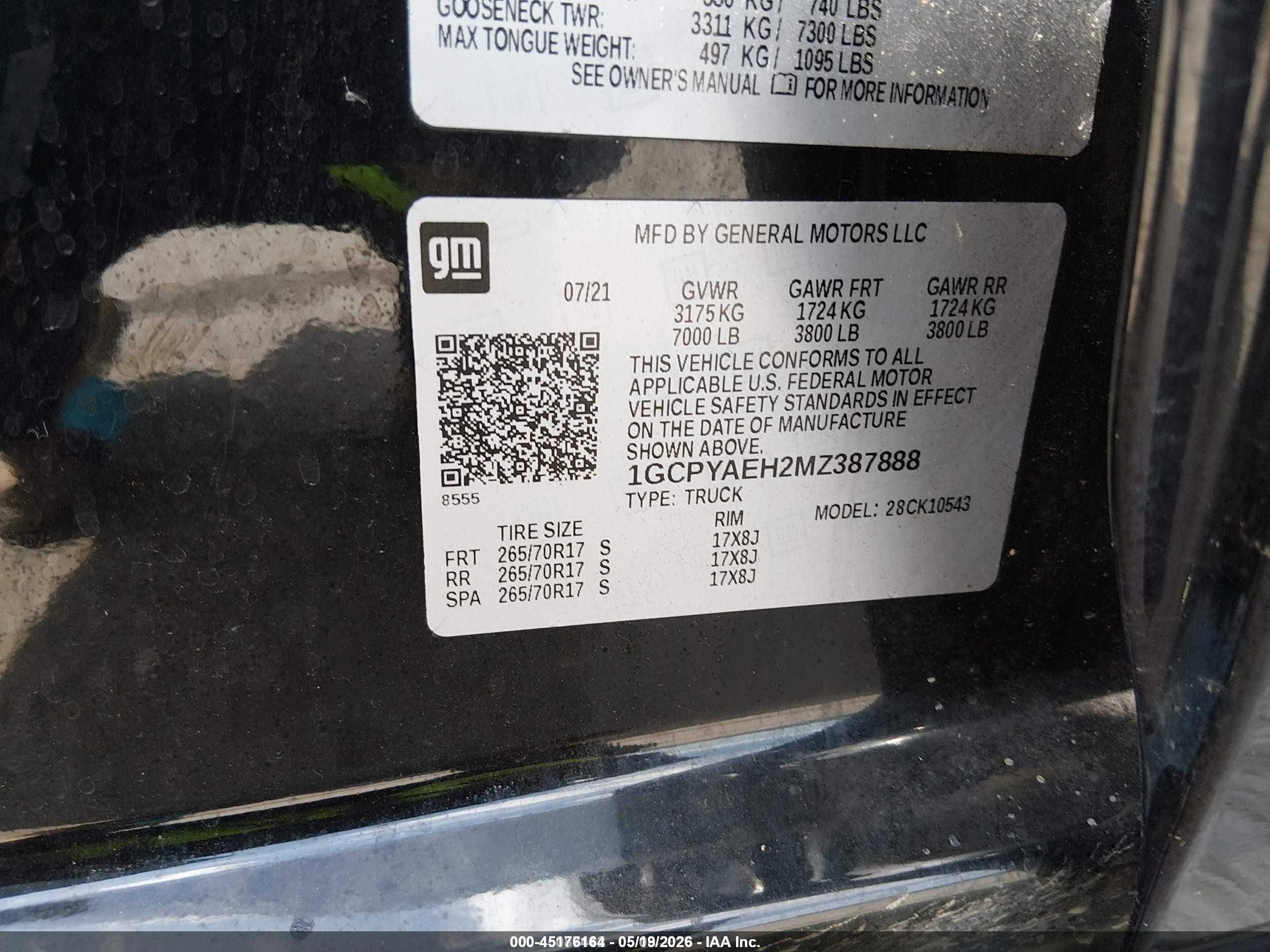 2021 Chevrolet Silverado 1500 VIN 1GCPYAEH2MZ387888 IAAI salvage auction — Normal Wear, SF97 (Illinois), sold $16,150 on 2026-07-09 (photo 9)