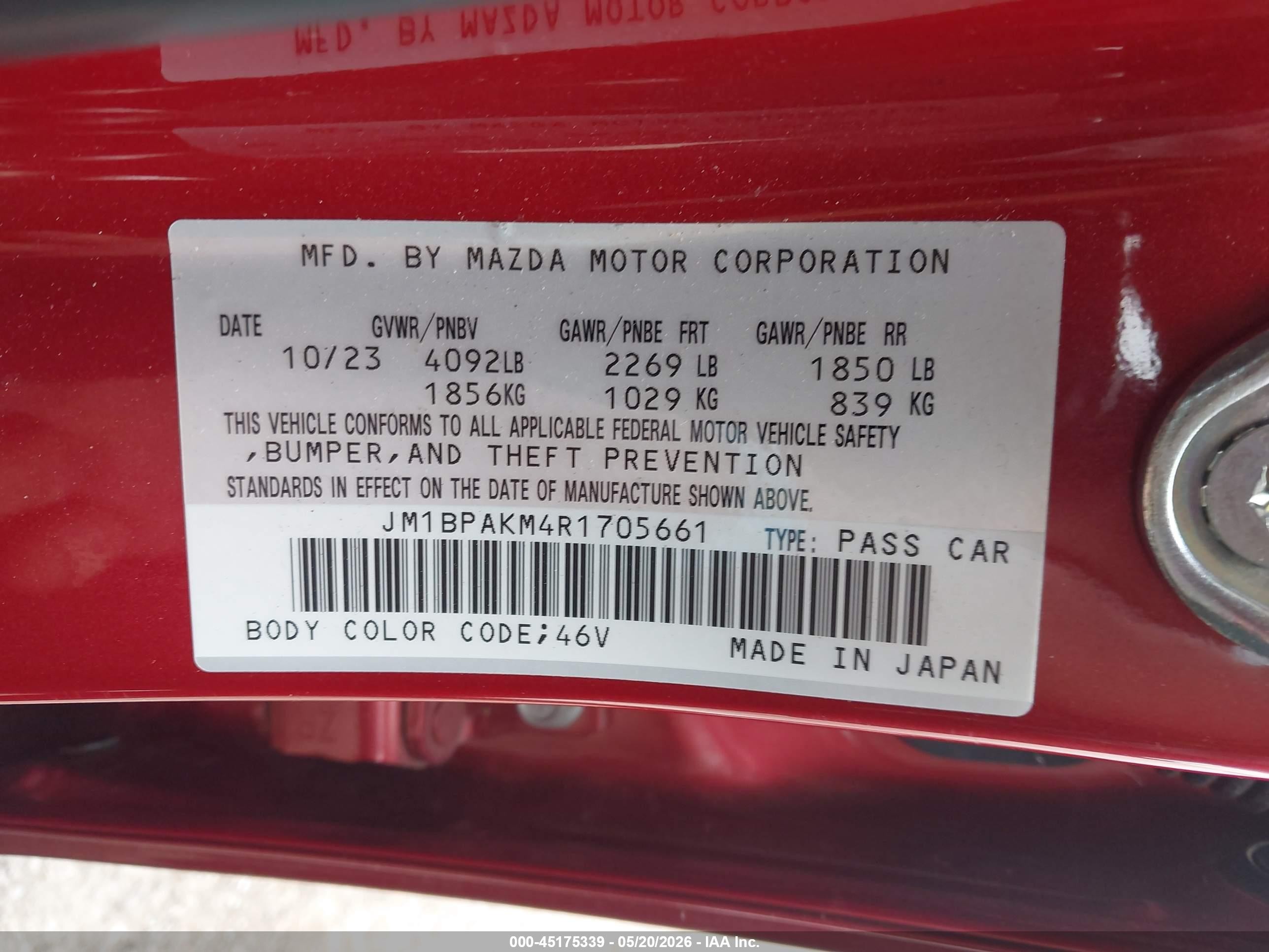 2024 Mazda 3 VIN JM1BPAKM4R1705661 IAAI salvage auction — Side, Clear (Oklahoma), sold $7,100 on 2026-09-25 (photo 9)