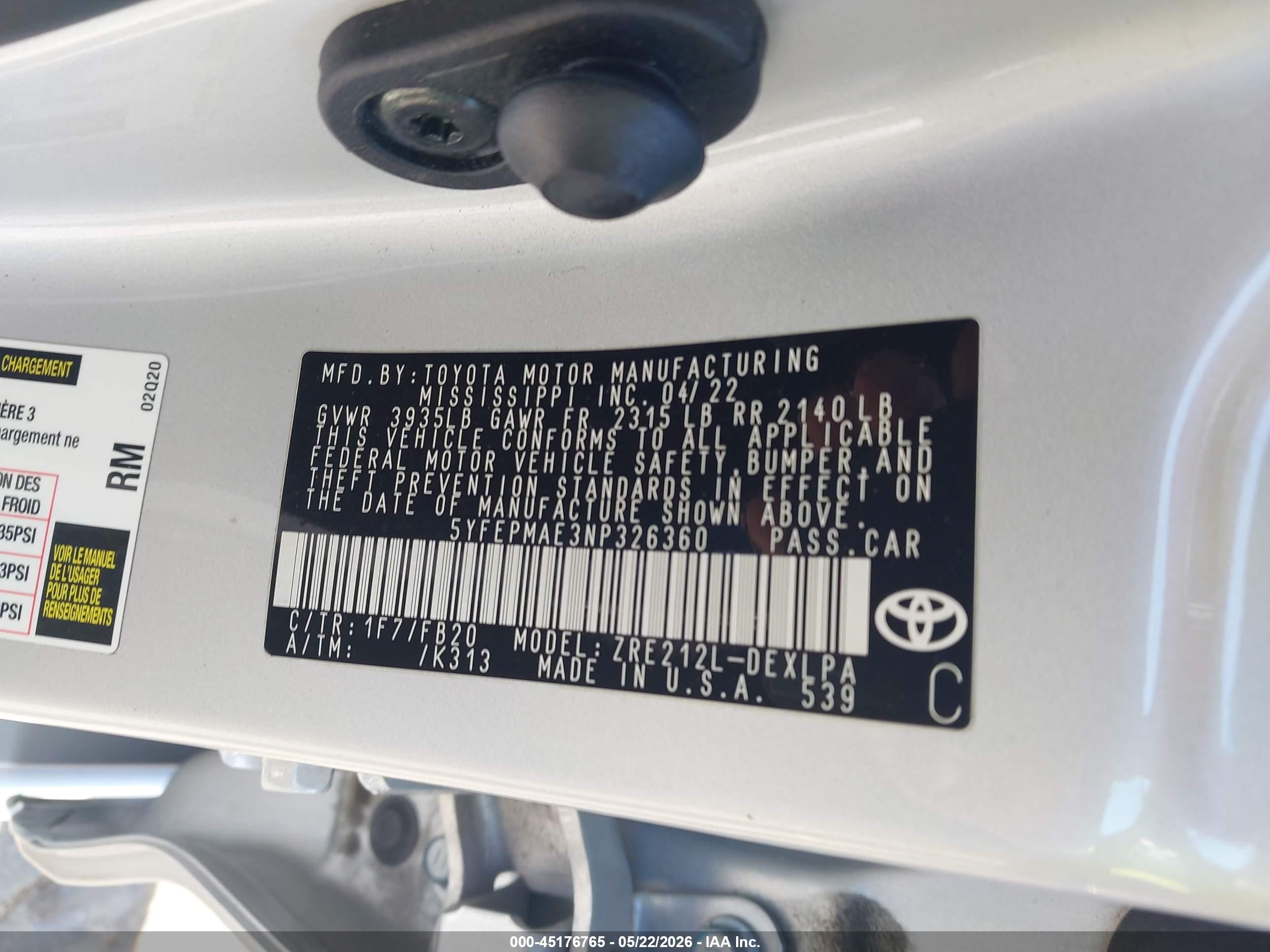 2022 Toyota Corolla VIN 5YFEPMAE3NP326360 IAAI salvage auction — Side, Salvage (Oregon), sold $3,350 on 2026-07-09 (photo 9)