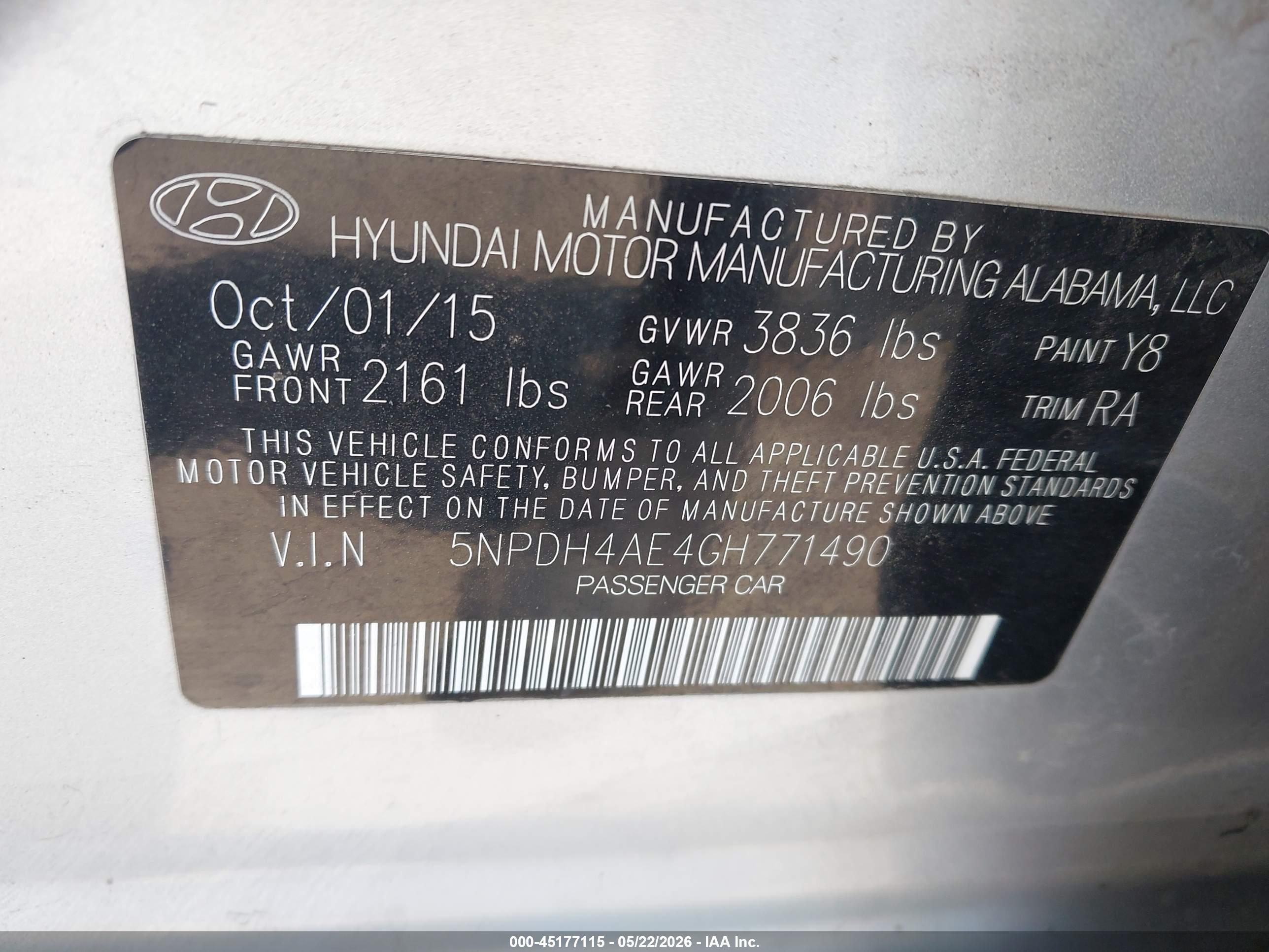 2016 Hyundai Elantra VIN 5NPDH4AE4GH771490 IAAI salvage auction — Rear End, Salvage (Arizona), sold $650 on 2026-07-09 (photo 9)