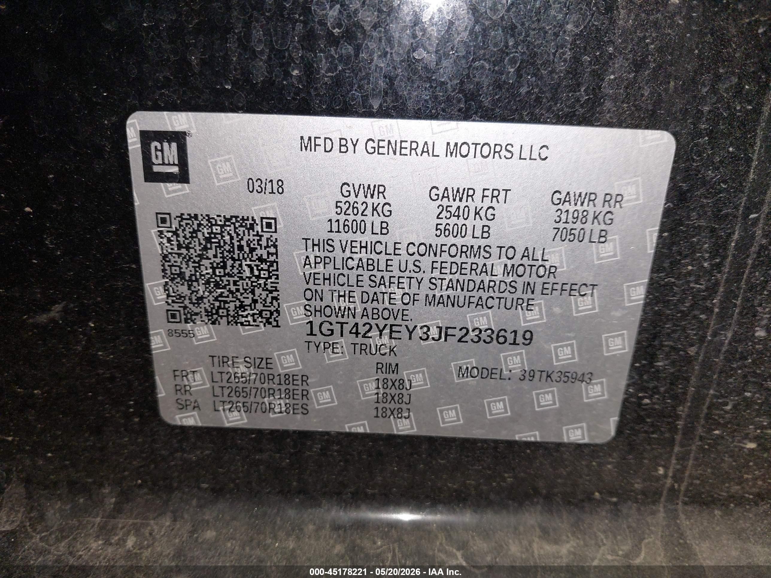 2018 GMC Sierra 3500 HD VIN 1GT42YEY3JF233619 IAAI salvage auction — Front End, Salvage (Oregon), sold $17,050 on 2026-07-09 (photo 9)