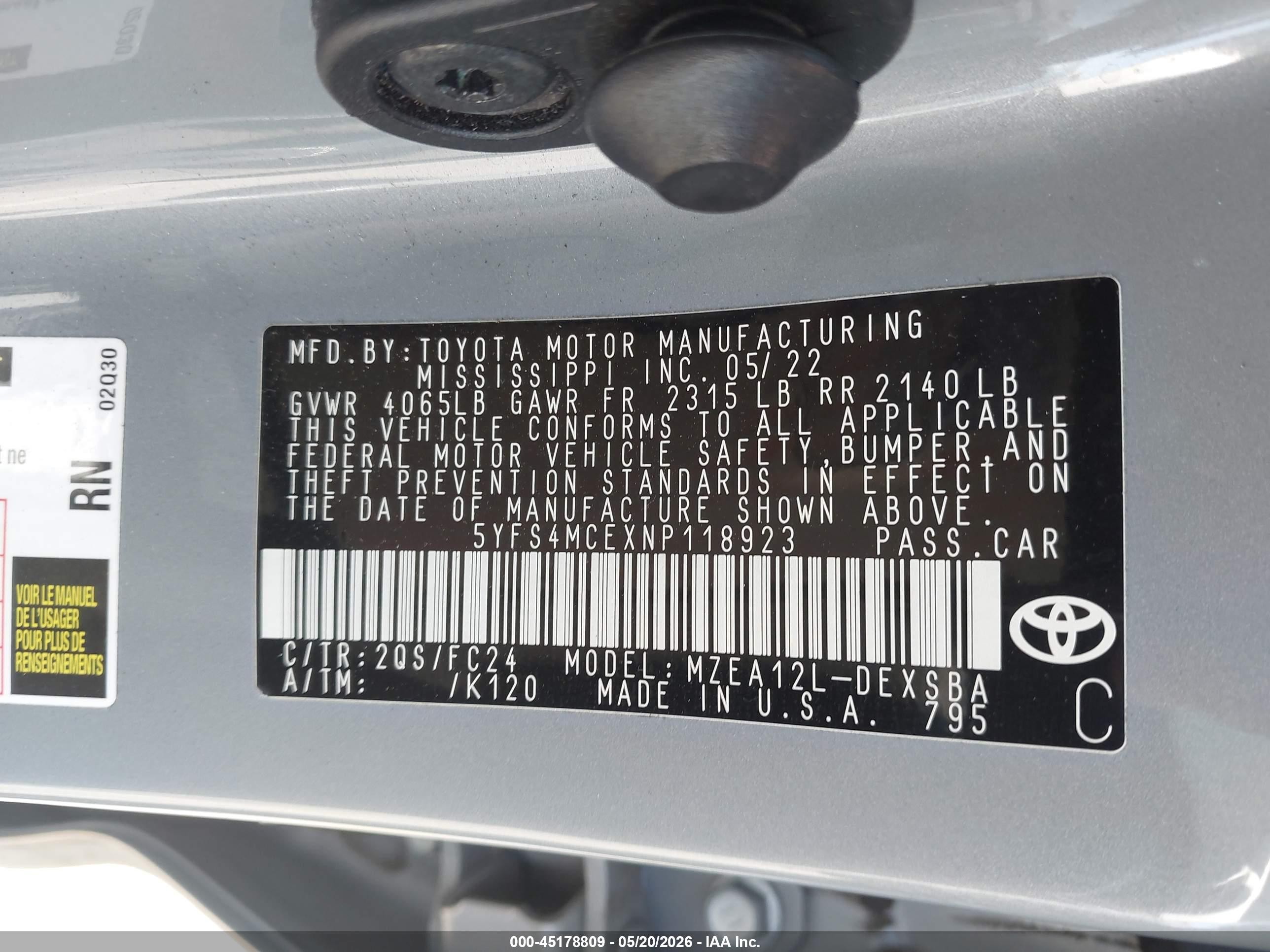 2022 Toyota Corolla VIN 5YFS4MCEXNP118923 IAAI salvage auction — Front End, Salvage (California), sold $3,850 on 2026-07-02 (photo 9)