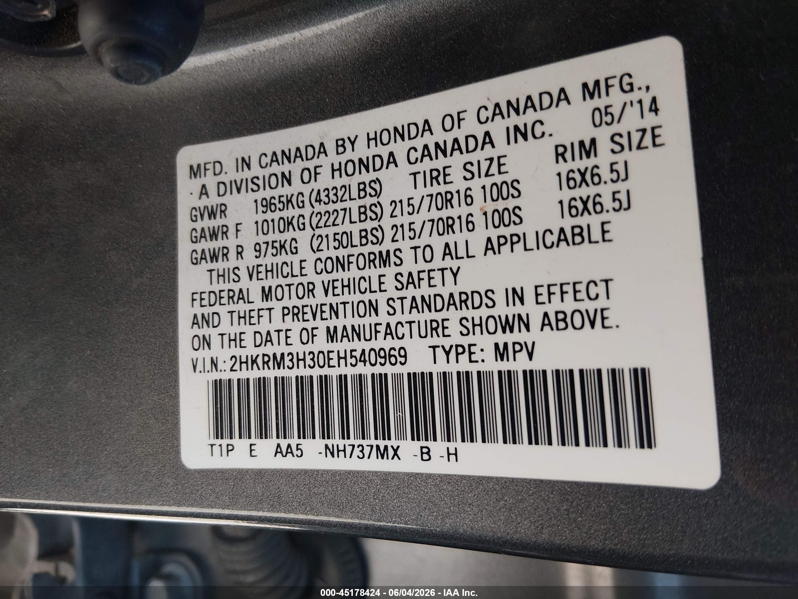 2014 Honda CR-V VIN 2HKRM3H30EH540969 IAAI salvage auction — Normal Wear, Salvage (Texas), sold $2,225 on 2026-10-04 (photo 9)