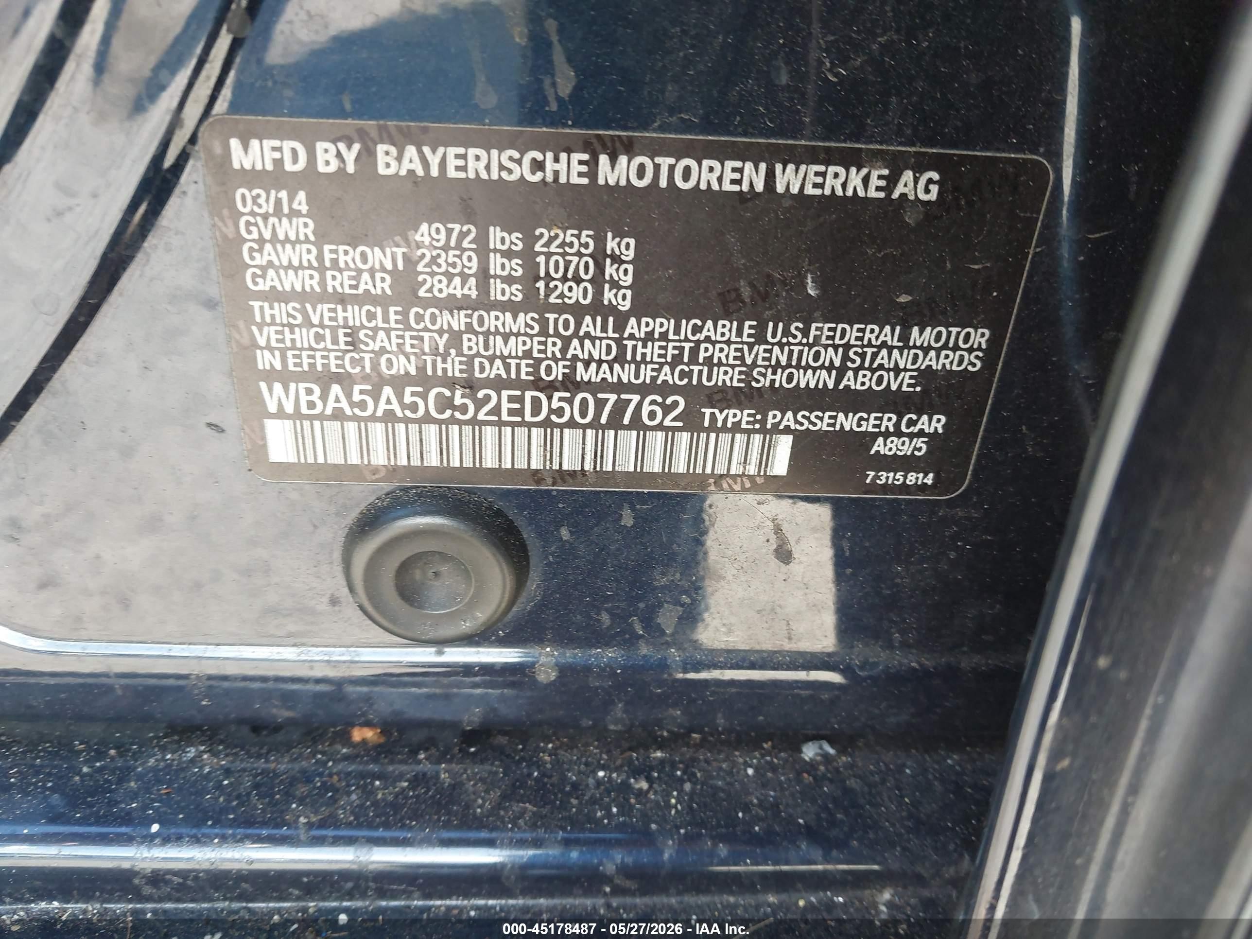 2014 BMW 5 Series VIN WBA5A5C52ED507762 IAAI salvage auction — Rear End, Salvage (California), sold $775 on 2026-07-09 (photo 9)